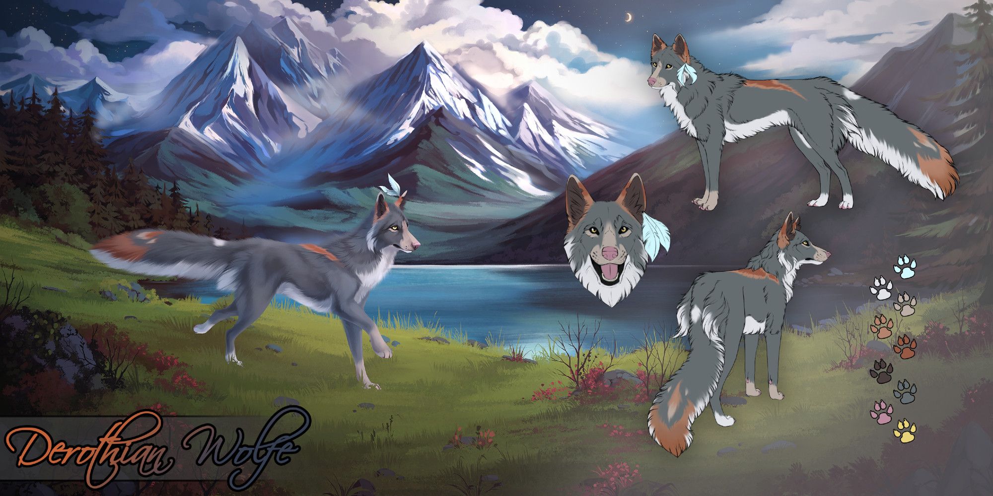 A reference sheet of Derothian Wolfe in his feral form as he runs through a fictional section of Jasper Park, Canada.