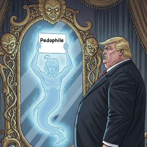 Create a hypothetical comic book scene where a villain who looks somewhat like a tubby Donald Trump is standing in front of a mirror that resembles the magic mirror from Snow White. The reflection in the mirror is an enchanted spirit is holding up a blank sign