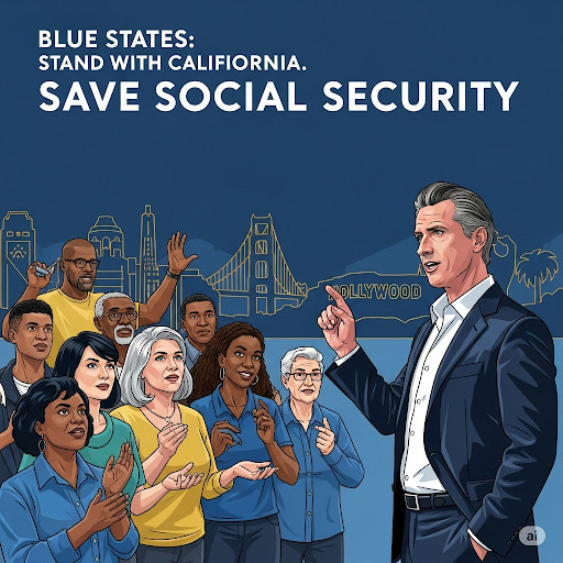 Create a hypothetical image with the flavor of a recruiting poster but looking contemporary of a man who looks similar to governor Gavin Newsom looking confident as he talks with a group of feisty people about the issues issues with Social Security with the caption challenging blue states to stand with California and save Social Security
