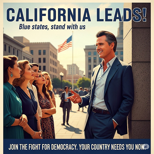 Create a hypothetical image with the flavor of a ww2 U.S. recruiting poster but looking contemporary of a man who looks similar to governor Gavin Newsom looking hip and with it as he talks with young ladies about the issues with the caption challenging blue states to stand with California and you to join the fight for democracy.