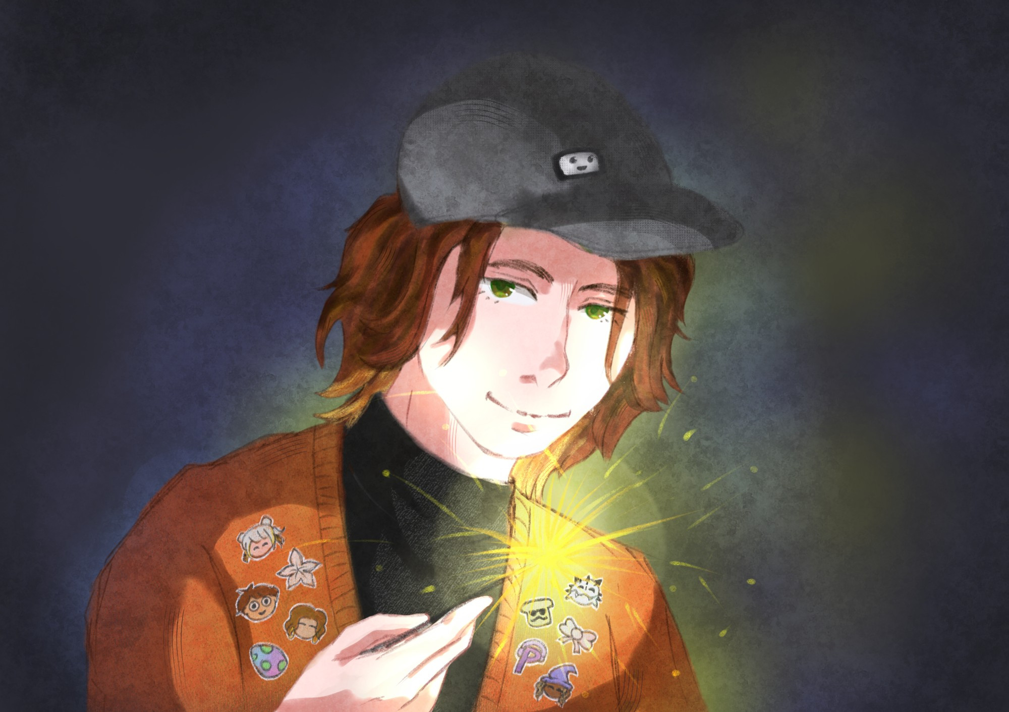 A half body Illustration of Brodin Plett. He is looking and smiling softly at the viewer. He wears a hat with the OfflineTV logo. Brodin is wearing a black turtleneck and a dark orange cardigan. The logo and chibi heads of each OfflineTV member are knitted on his cardigan. He is holding a sparkler, and it is the main lightsource.