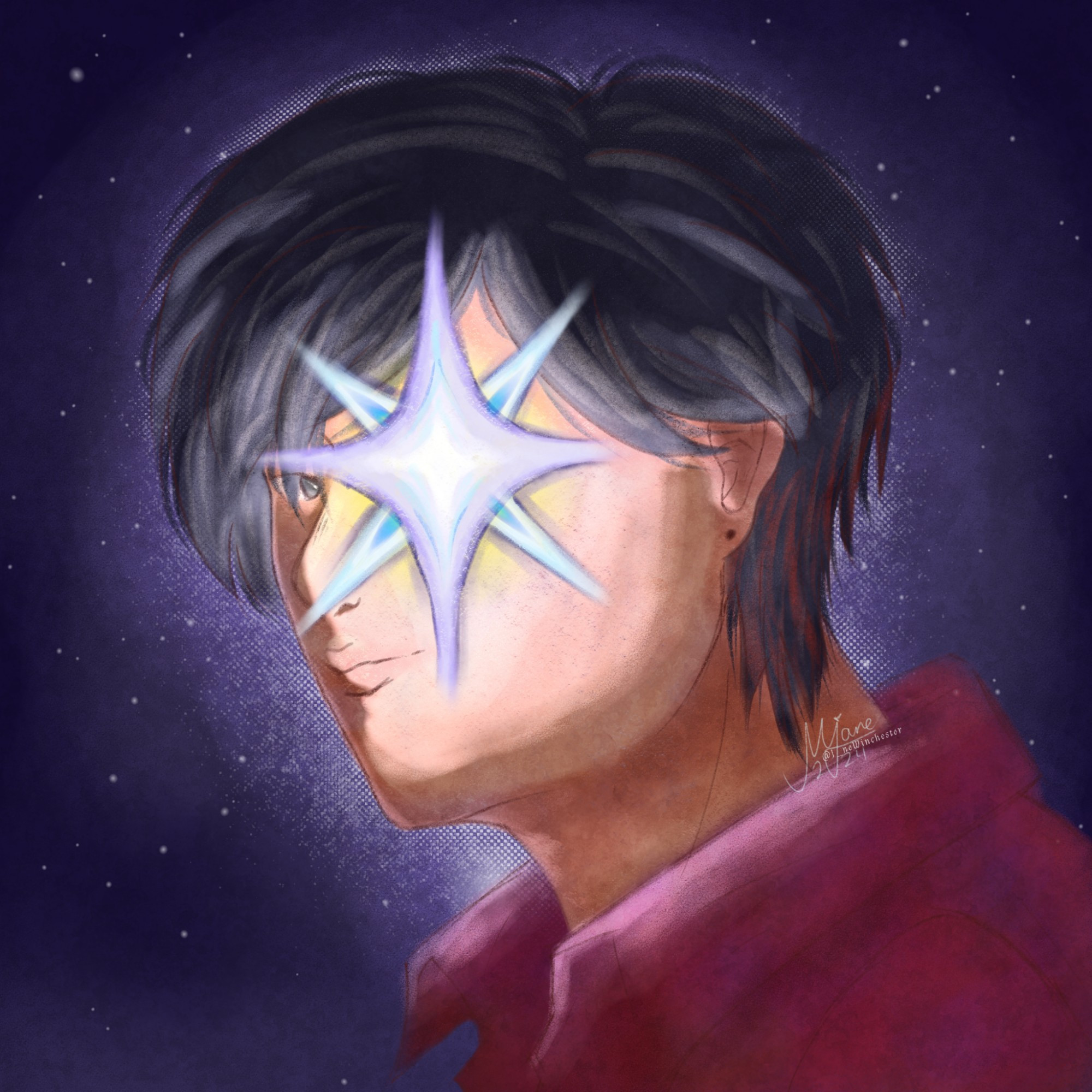 A 3/4 self-portrait. I am looking at the viewer. My left eye is the focus replaced by a bright, compass-like star. The star is the source of light, emitting soft blueish glows with a hint of yellow. I wear red clothing, and the background is a purple void with dots for stars.