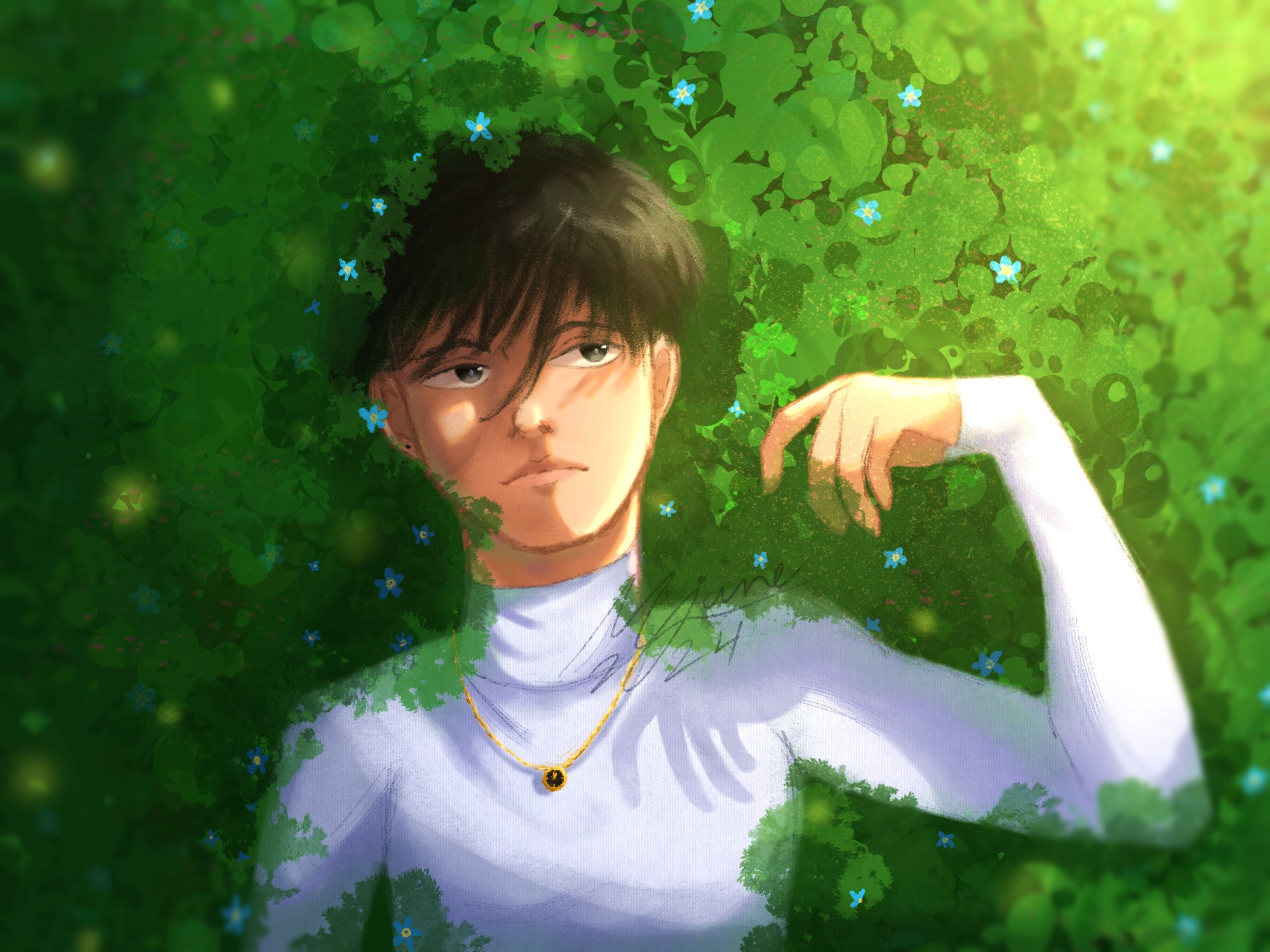 A half body drawing of myself laying down on grass. The corners of the illustration are blurred. I am wearing a plain white, long sleeve turtleneck with a small gold and black clock necklace. I am surrounded by greenery with forget-me-not flowers. A soft light from the sun is coming from the top right corner and I am looking towards that direction. There are soft orange light spots throughout the piece as fireflies. 