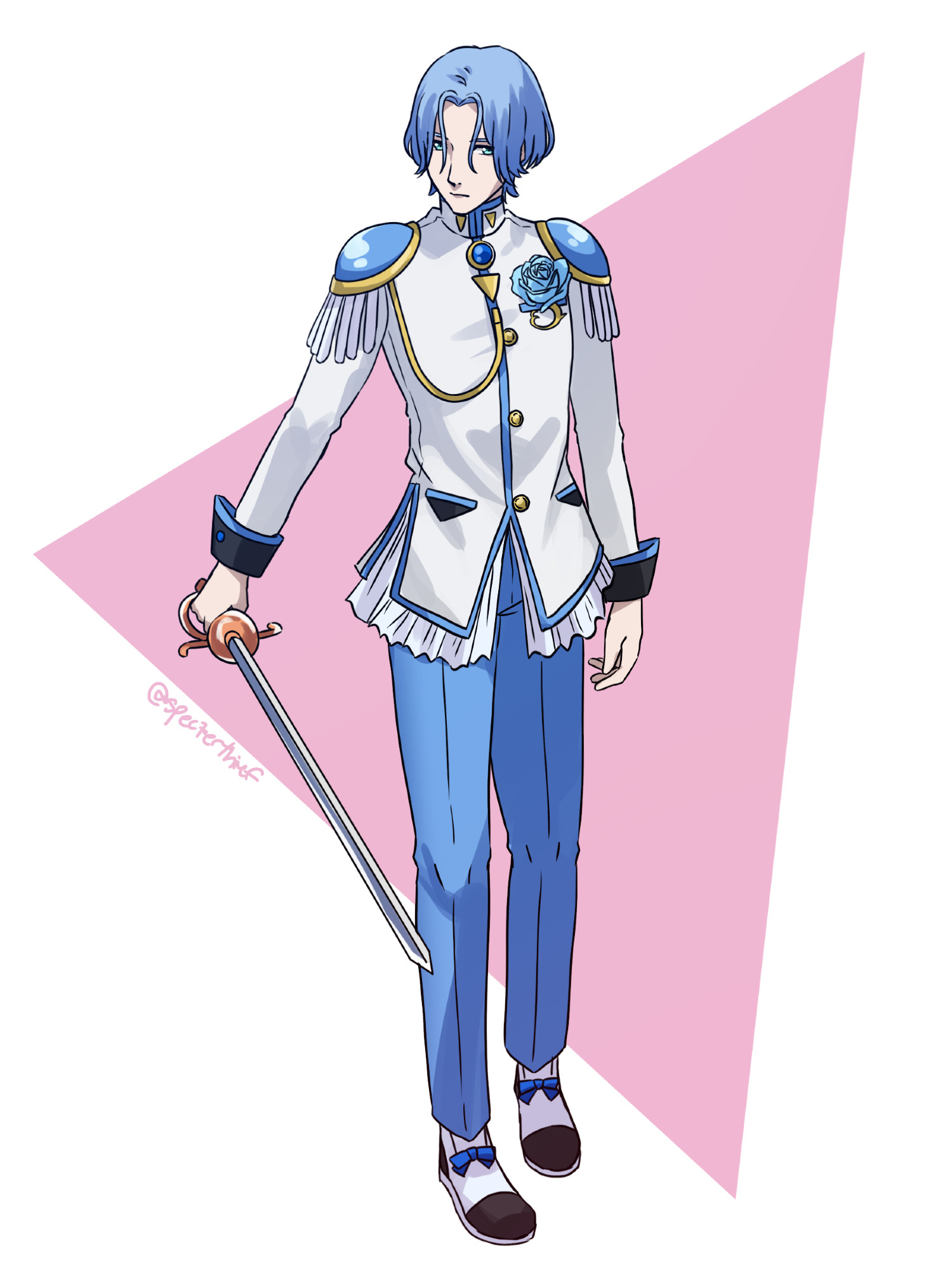 Langa Hasegawa from SK8 the Infinity in a white and blue version of Utena Tenjou's duelist outfit with a blue rose in his breast pocket, holding a rapier