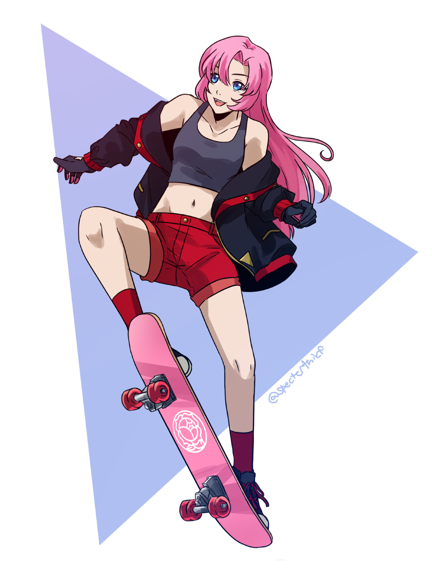 Utena Tenjou from Revolutionary Girl Utena in a gray crop top, shorts and off the shoulder jacket, doing a kick flip on a pink skateboard with the Ohtori crest