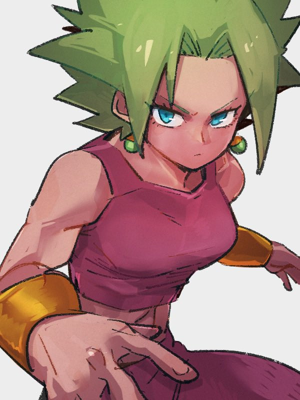 Kefla, as drawn by kemachiku (Twitter), looking serious while showing a pose, ready for fighting.