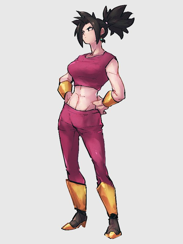 Kefla, standing around in her red outfit, hands to her hips and looking away from the camera. Art by kemachiku (Twitter). https://x.com/St62SVNExILF2p9/status/1451202543674019847