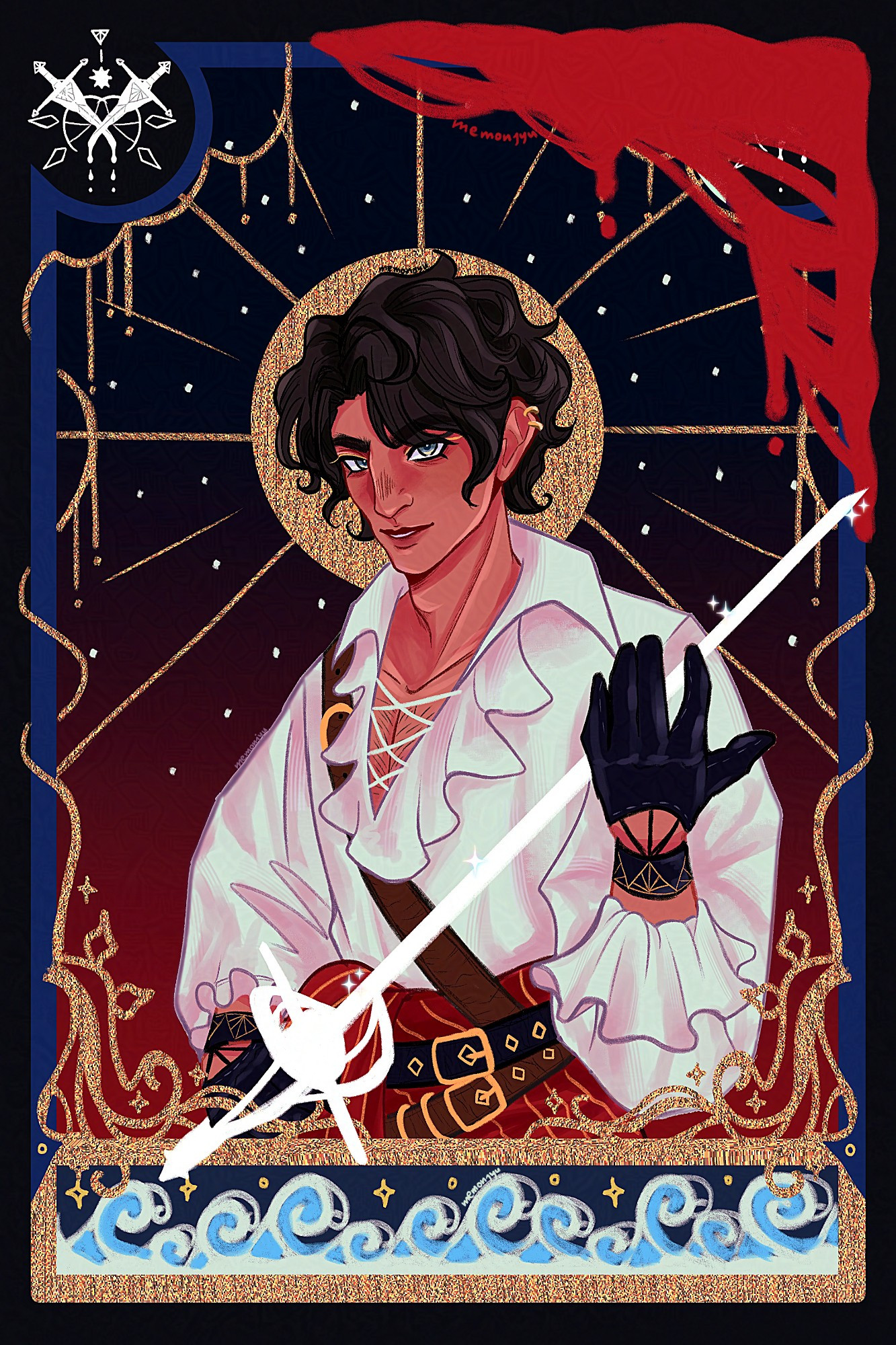 An illustration of the author's original character: a man in white shirt, holding a silhouette white rapier. Framed with gold and blood decorations.