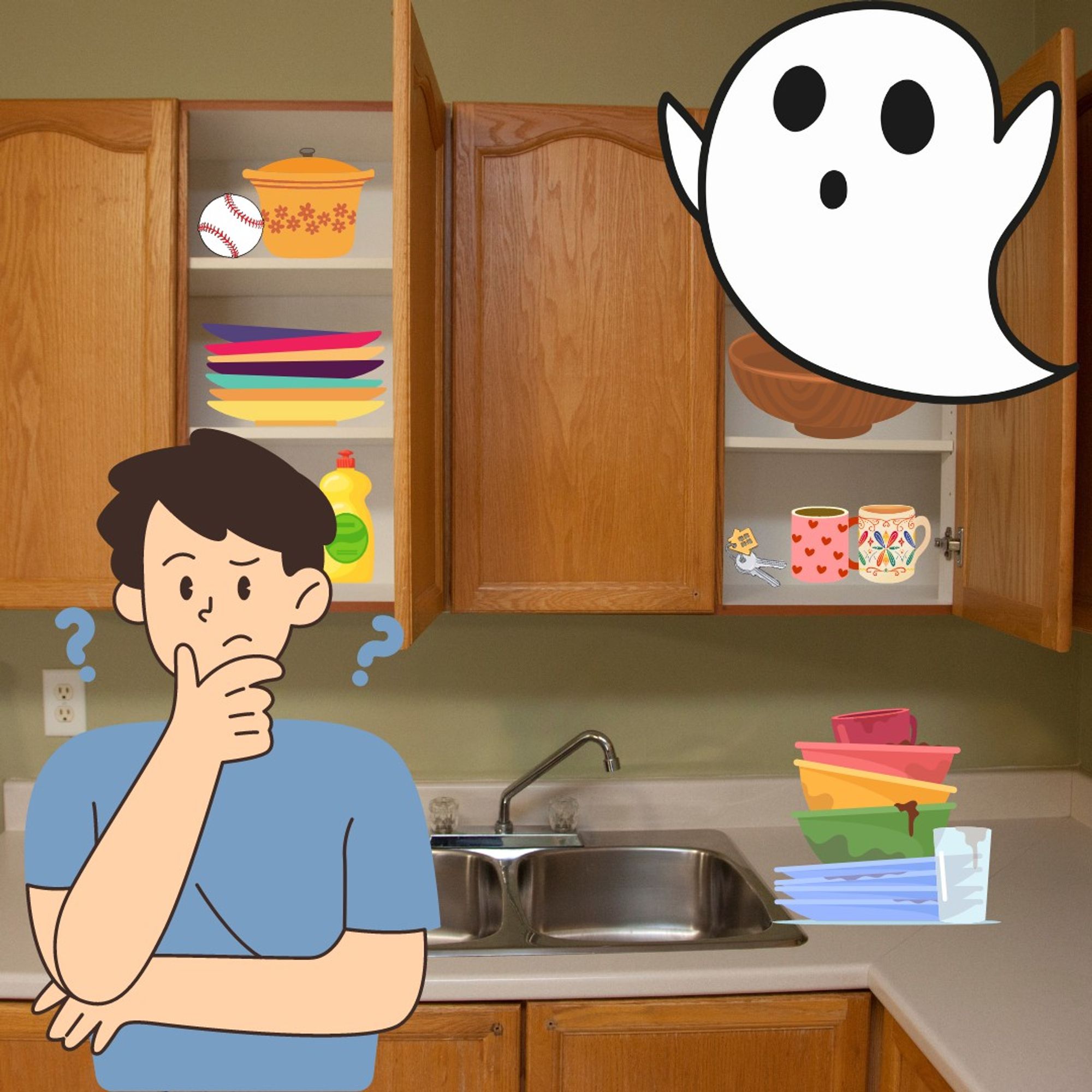 A confused person is standing in his kitchen, trying to puzzle something out. Behind him, some cabinet doors are open and show unusual items among the dishes (keys and a basebell). Dirty dishes are stacked next to the sink and above it all, a ghost is hovering with mouth open and arms up, as if to say, "Boo!"