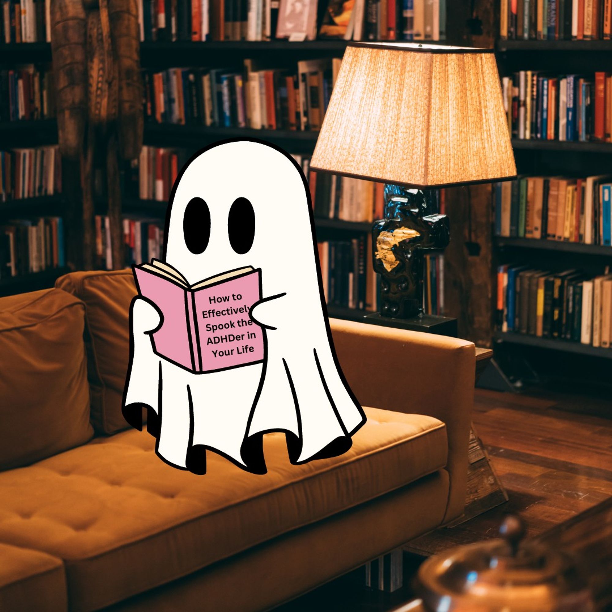 That same ghost is floating above a yellow couch in a library next to a lit lamp, reading a book with the title, "How to Effectively Spook the ADHDer in Your Life."