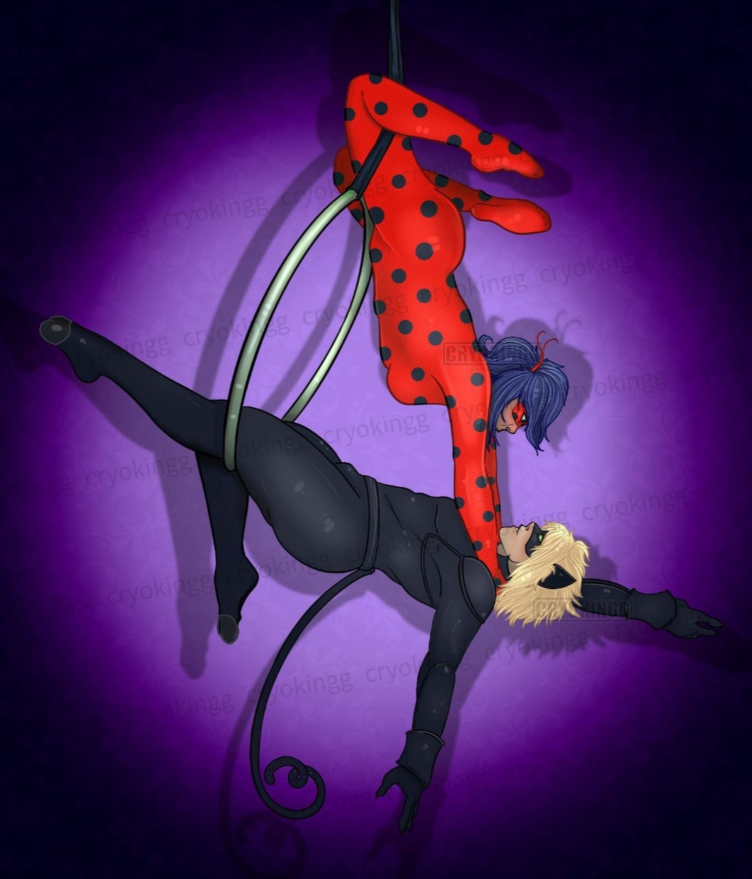 A girl in a red and black spotted suit holding a boy (in a black cat suit) by the shoulders and hanging from an aerial hoop.