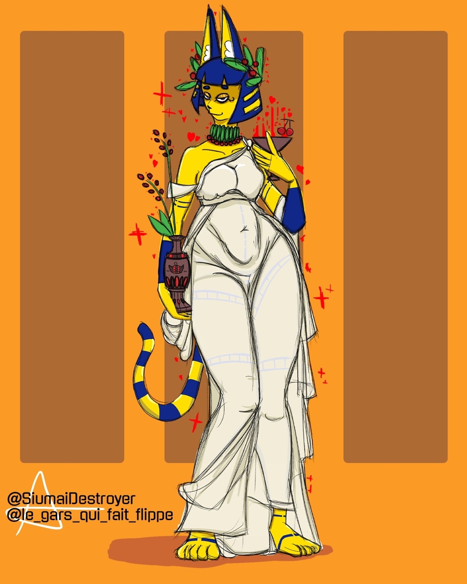 A drawing of a humanised version of Ankha, a character from Animal Crossing, dressed like a Greek statue.