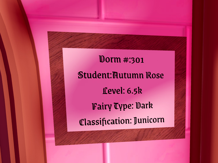 My dormroom sign, displayign my room #, name, level, main element, and classification/grade.