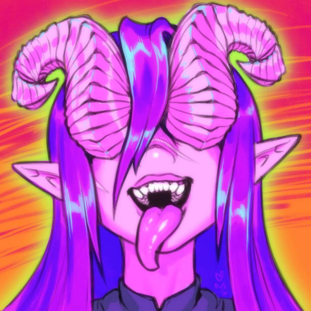 Digital painting. Square, intended to be used as a profile pic / avatar,so itbis a close crop in on a face. The subject is a fantasy character named Eclipse, she has pink horns coming out of her eyes and curving back around her skull like rams horns. Her skin and hair are different shades of purple, she has pointed ears, an extra long tongue that she is sticking out.