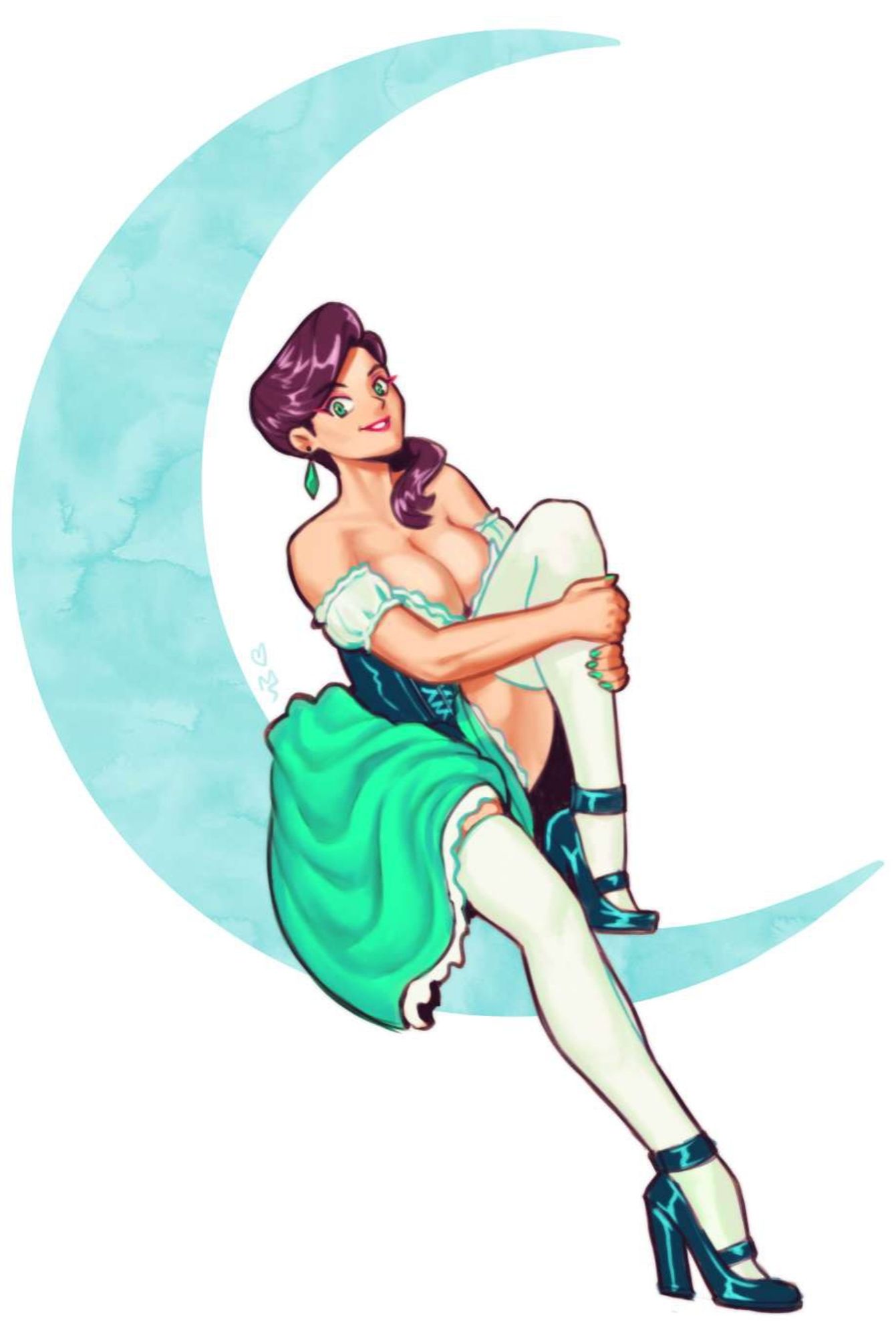 A sweet and saucy pinup of a white woman with brown hair in a barmaid dress, white tights, and fifties style chunky heals. She is sittingninside a crescent moon.