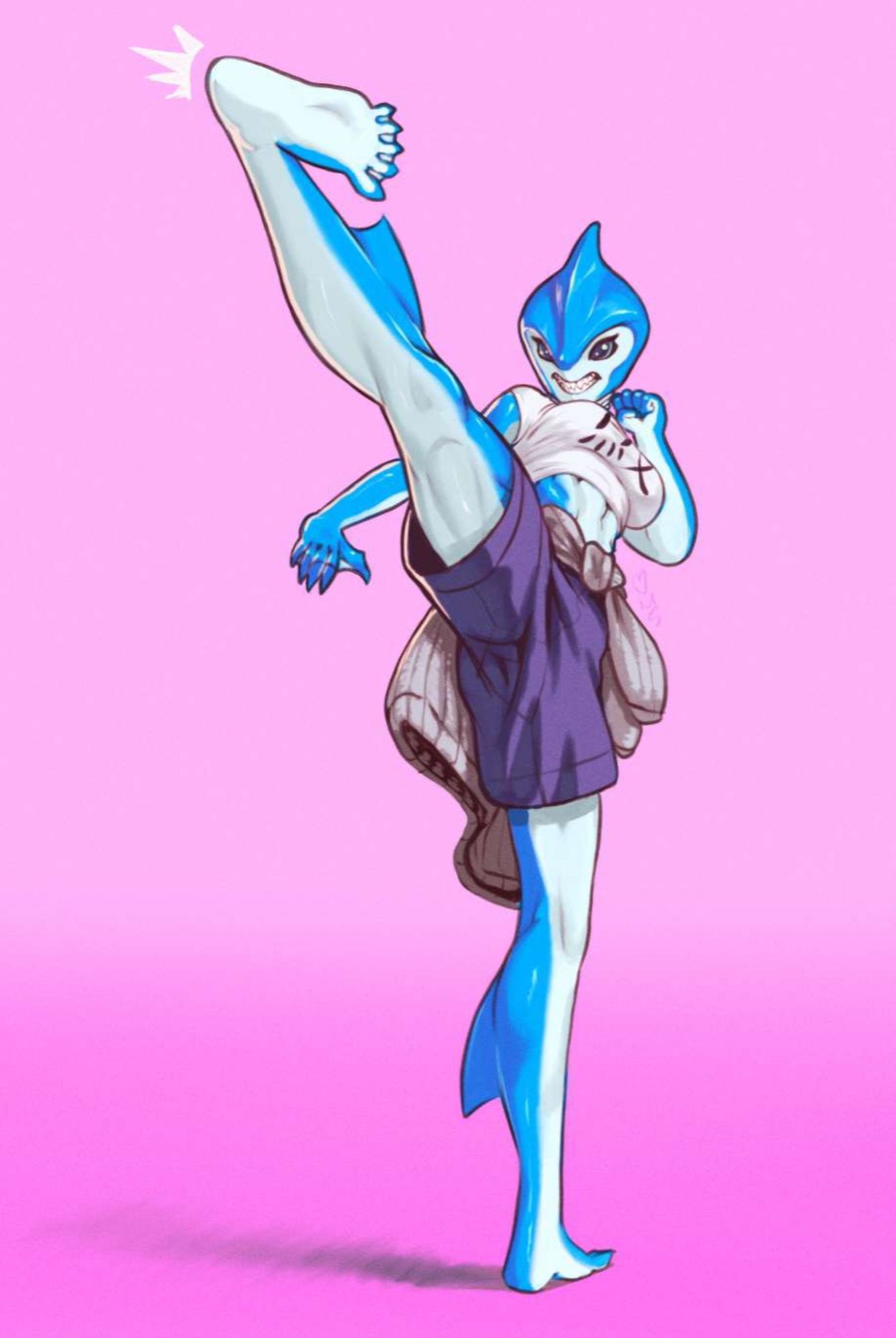 Digital painting of a blue and white anthropomorphic shark woman delivering a kick