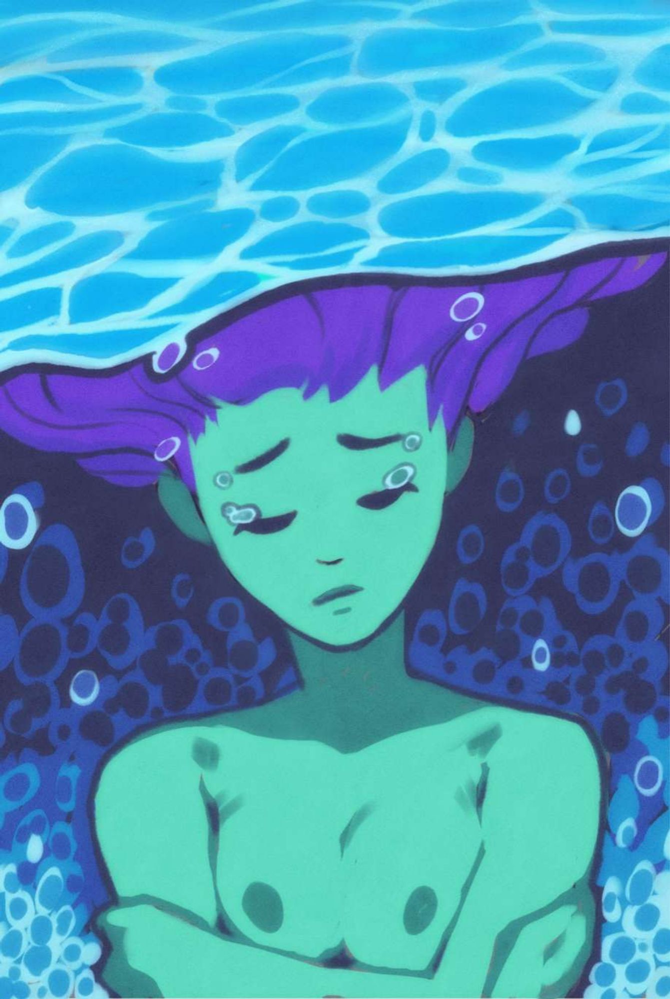 Digital painting of a topless woman underwater crying.