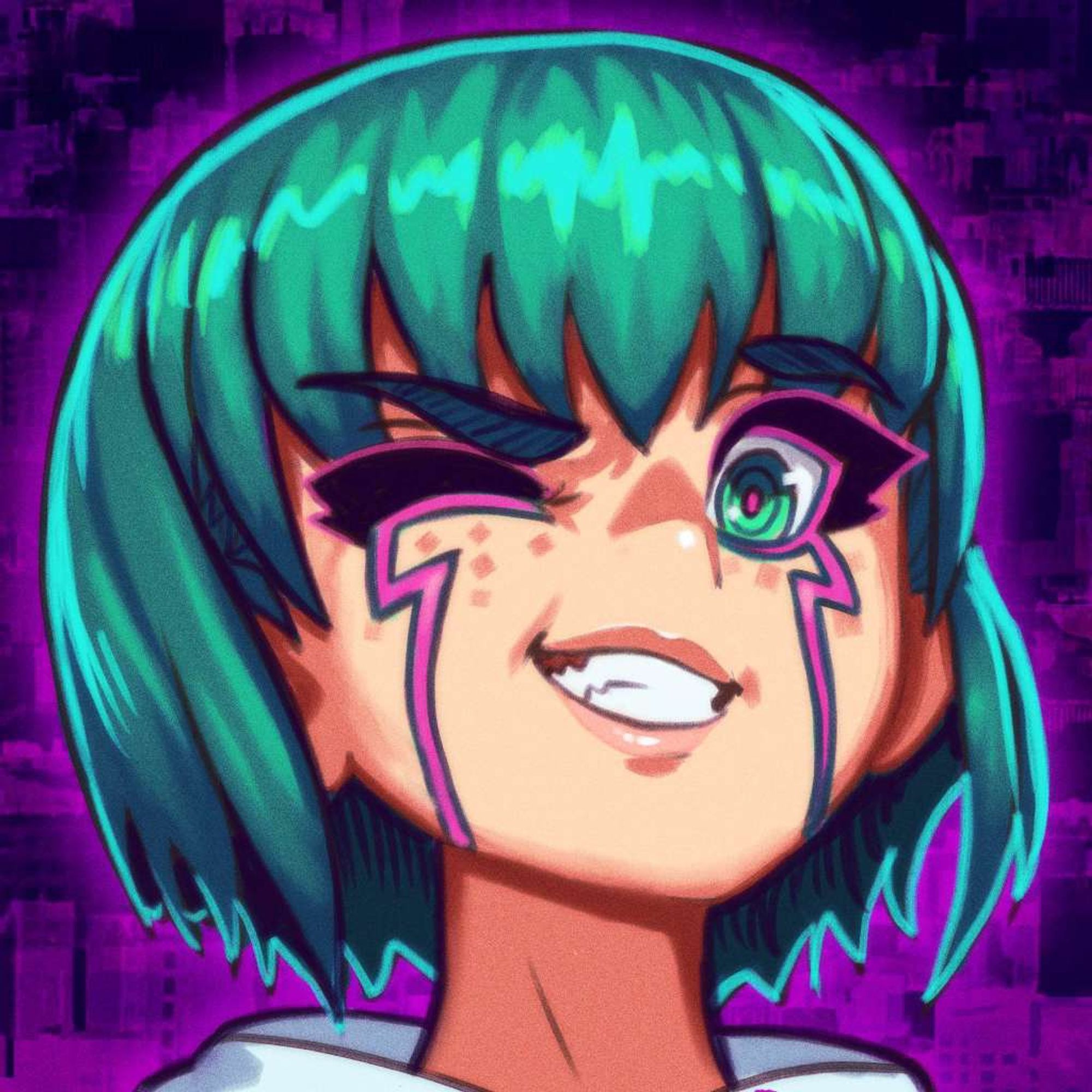 Digitally painted avatar of a girl with green hair cut in a bob, with pink cybernetics in her eyes and face, winking and smirking at the viewer