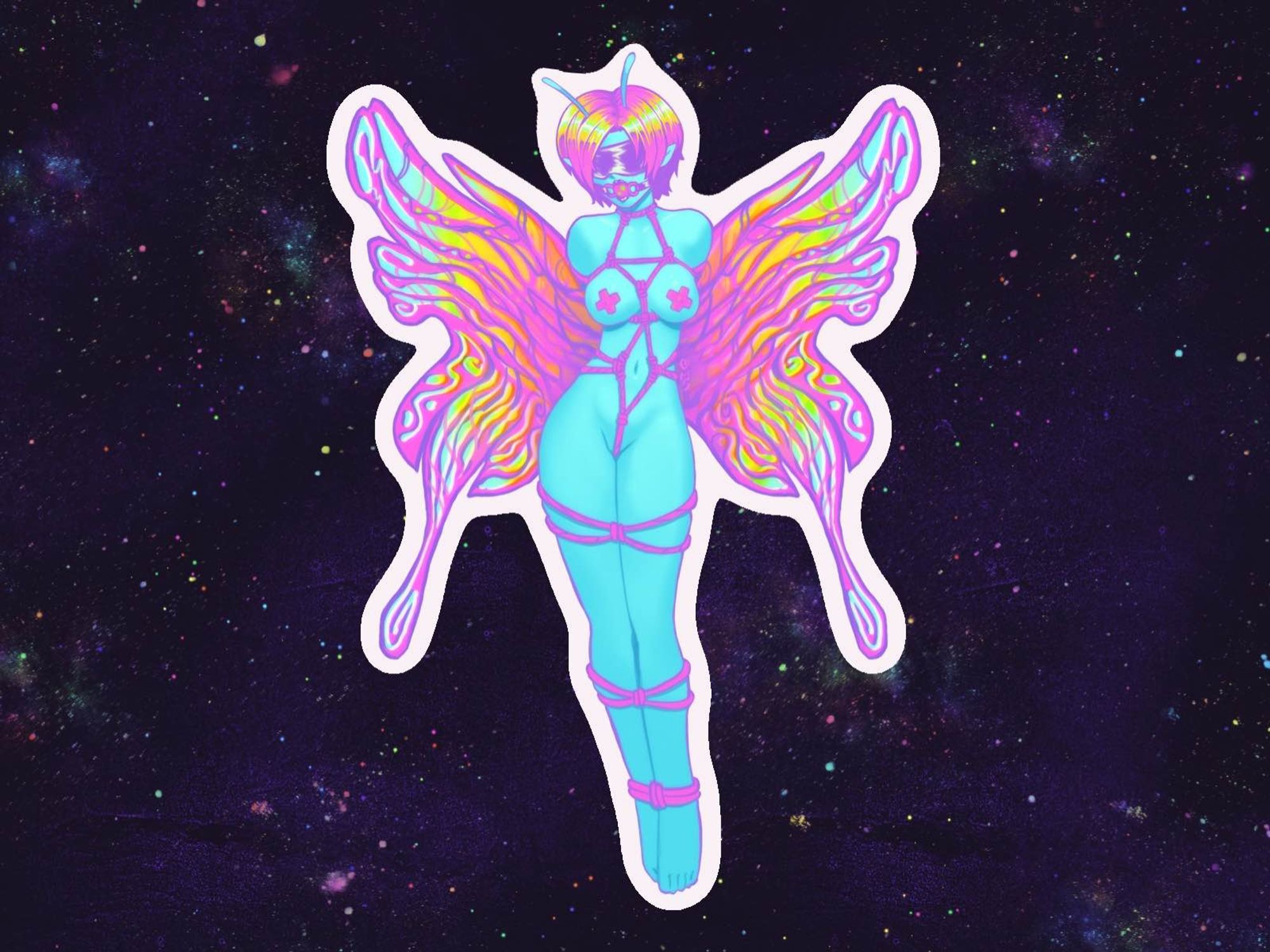 Digitally painted sticker against a Stanfield background. Sticker is of a cis lady bondage fairy with rainbow color wings and a blue body, she is in shibari, x nipple tape, gagged and blindfolded