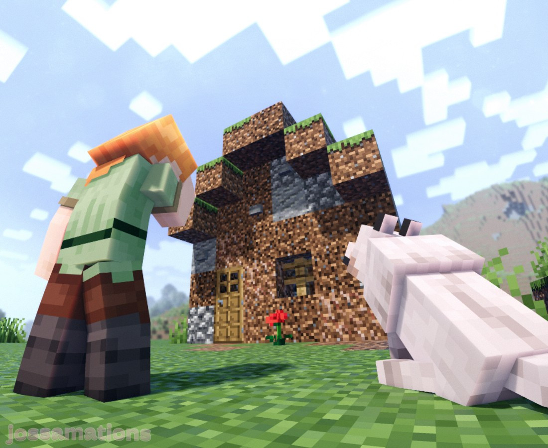 Alex and a Dog stood infront of a Dirt Hut, with Alex face-palming (Minecraft Art)