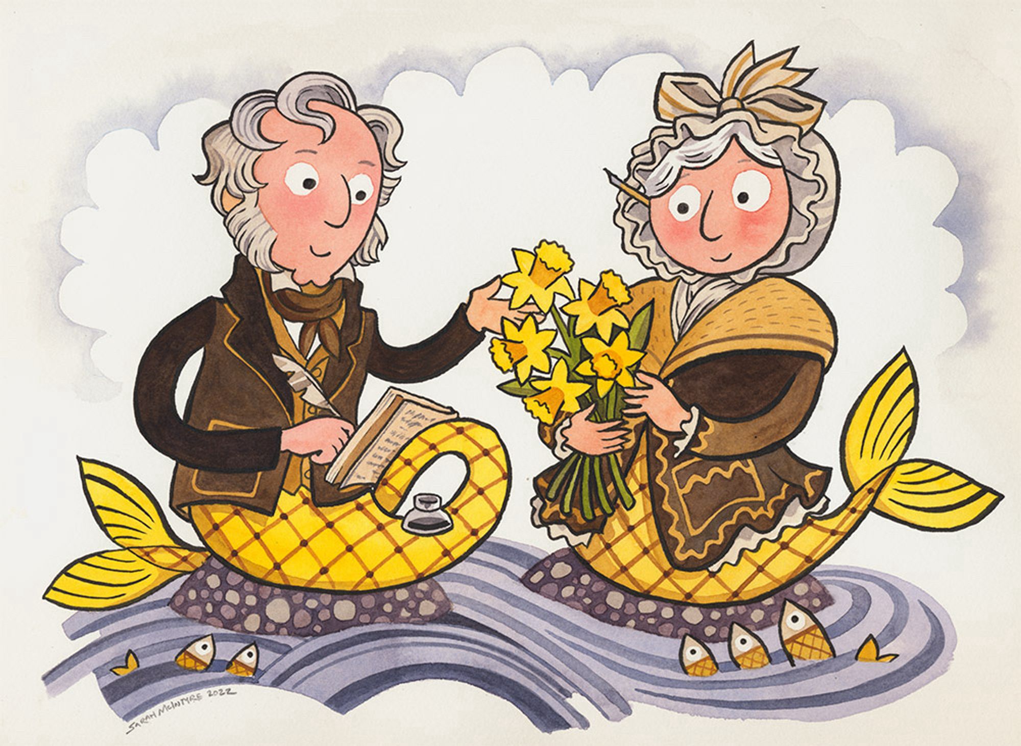 A cartoon by Sarah McIntyre of William and Dorothy as mermaids - or Merdsworths if you will - William is fondling a daffodil from a bunch Dorothy is holding while composing poetry sitting on rocks - little fish are listening in