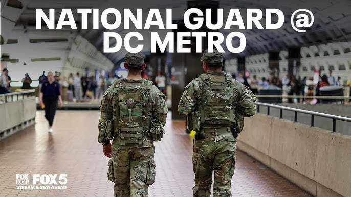 From DC FOX5 : Two national guardsmen patrol an underground  Metro station platform.