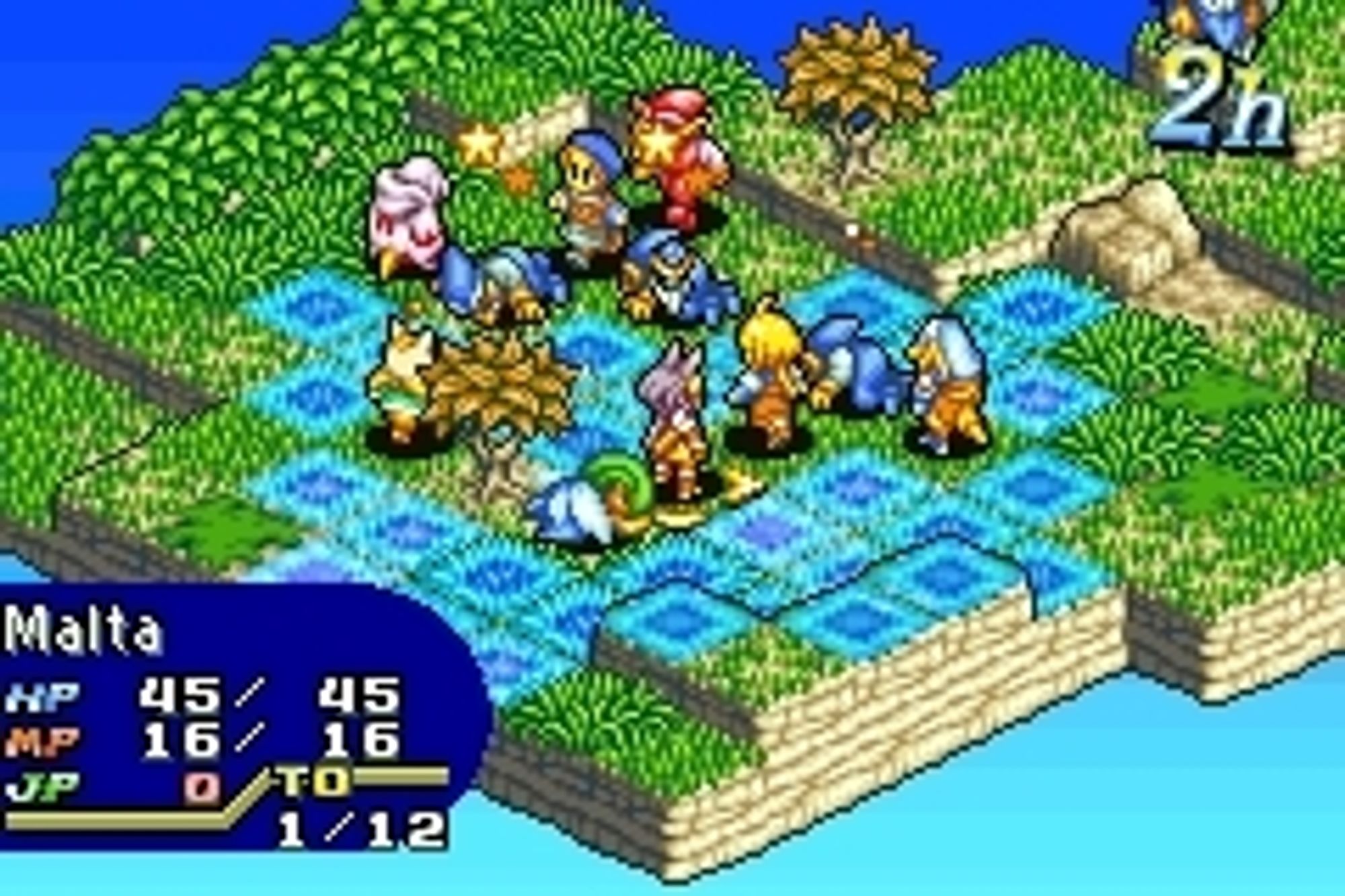 Screenshot from Final Fantasy Tactics Advanced, Gameboy Advanced game showing a grid based isometric battlefield with many figures standing in it, blue outlines indicate where a character can move on their turn