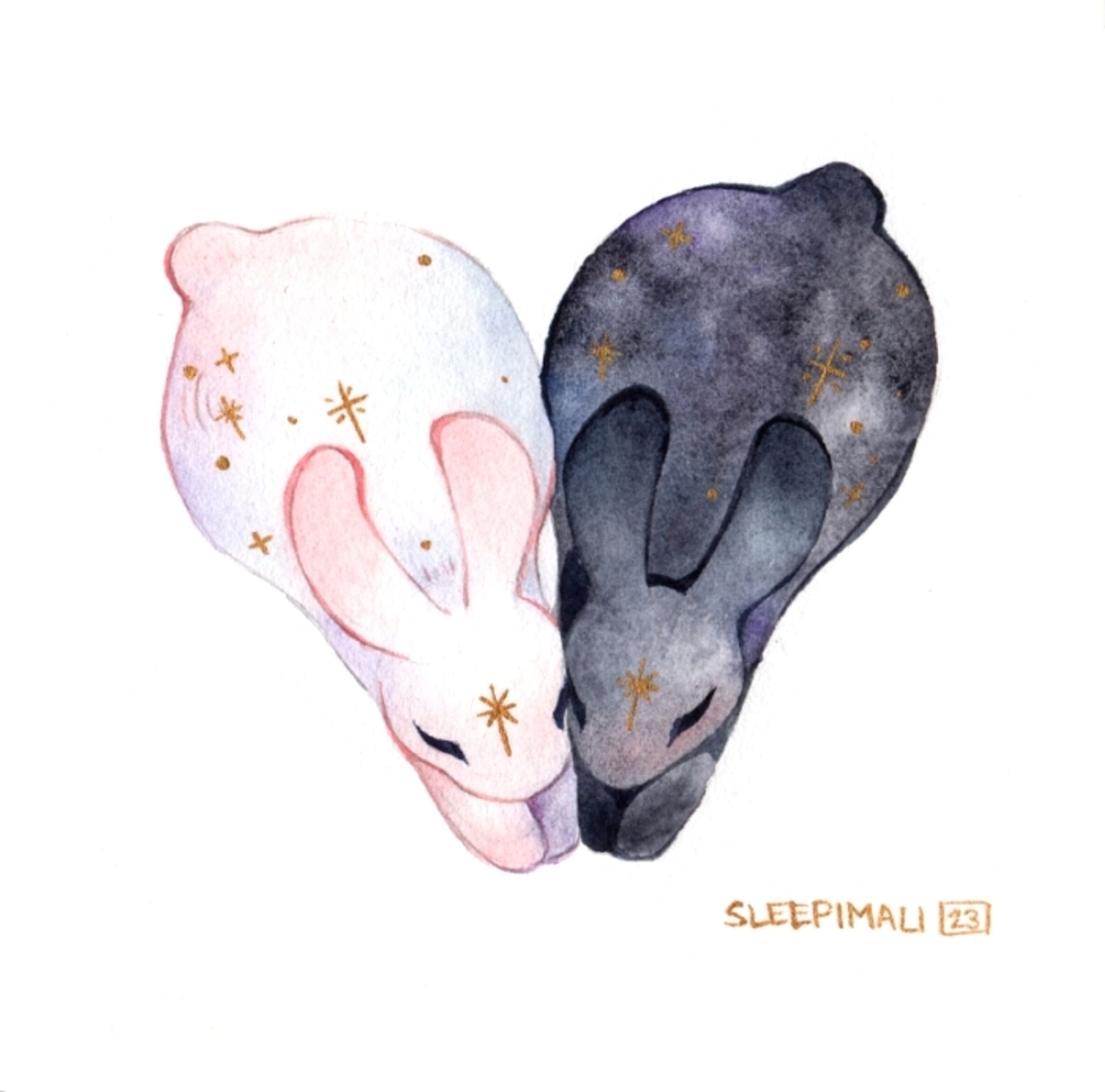 Watercolour painting of two bunnies side by side, forming a heart shape on a plain white background. One bunny is white and the other black, and both have gold sparkles/stars on them