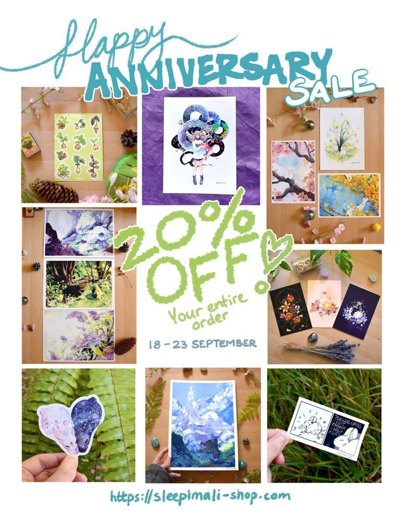 Shop graphic with photos of prints, stickers and paintings from my store. Text says "Happy Anniversary Sale" and "20% off your entire order, 18-23 September)