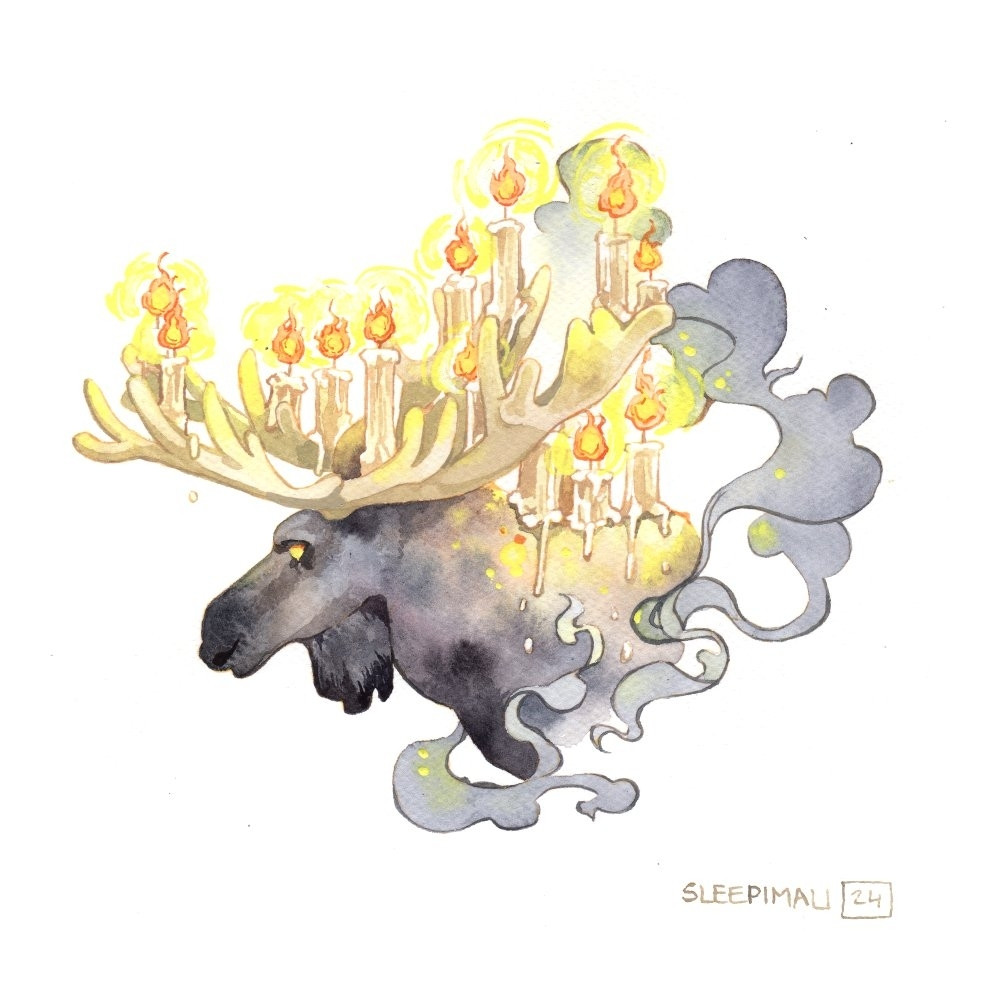 Watercolour painting of a moose neck and up in profile. She has big antlers that are covered in lit candles and there is a trail of stylised smoke flowing around her