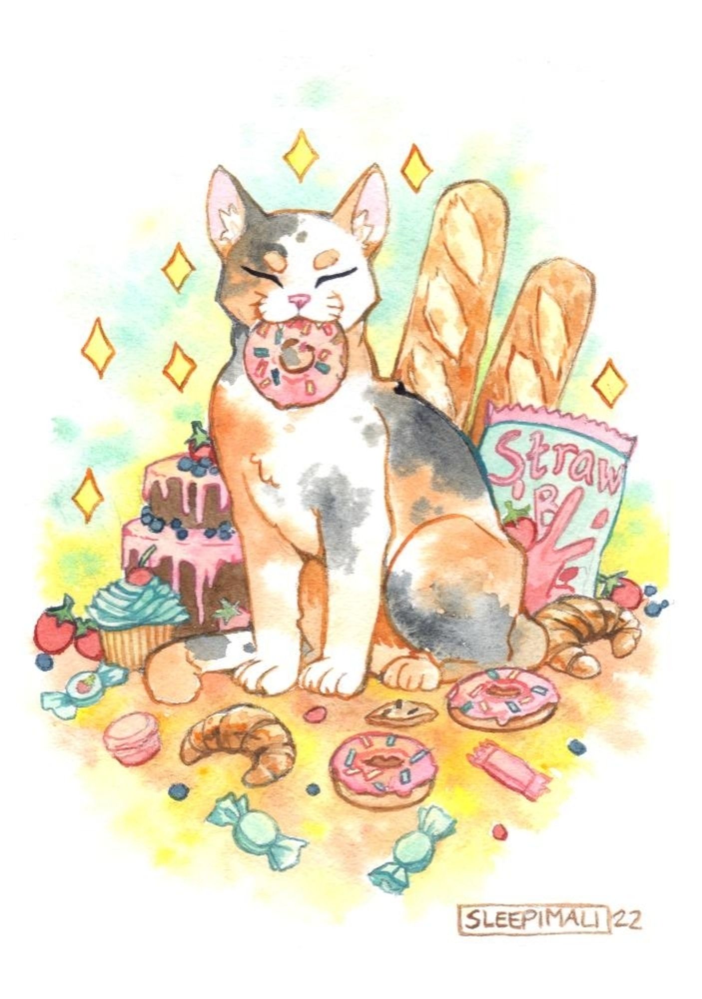 Watercolour painting of a cat smugly holding a pink donut in their mouth, surrounded by sparkles and a pile of sweets and baked goods