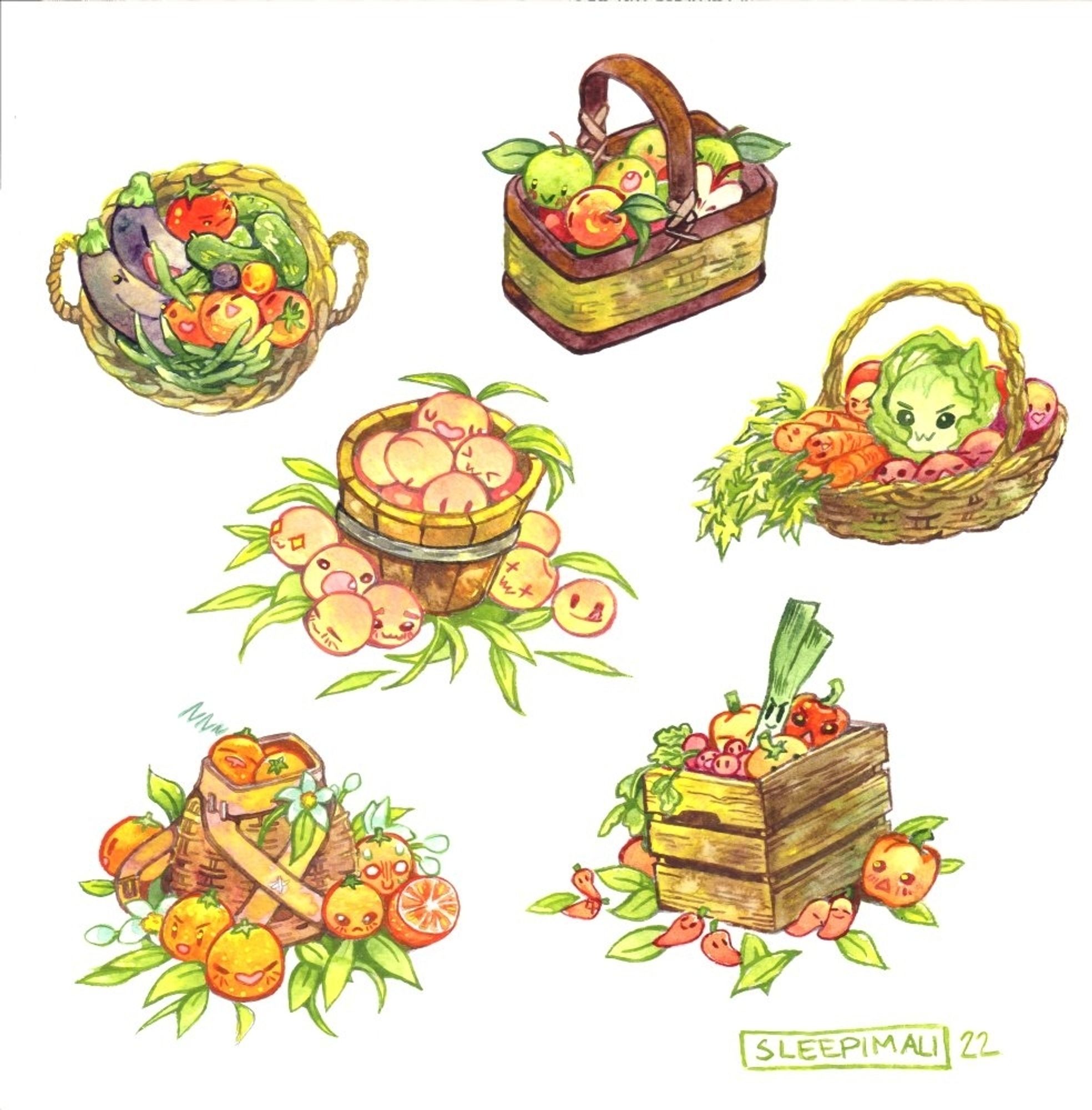 Watercolour painting of different baskets, boxes and pails full of produce with silly faces and expressions