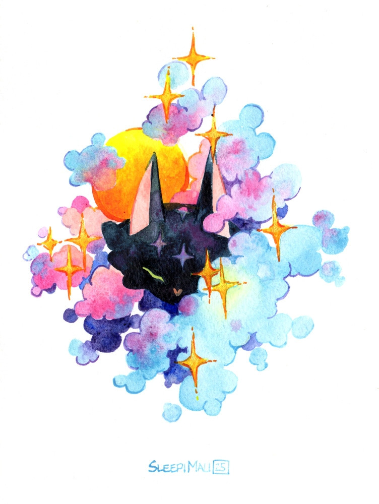 Watercolour painting of a black cat face with their eyes closed partially obscured and surrounded by soft clouds in blue, pink and purple. There's a bright orange sun right behind them and sparkles float around them