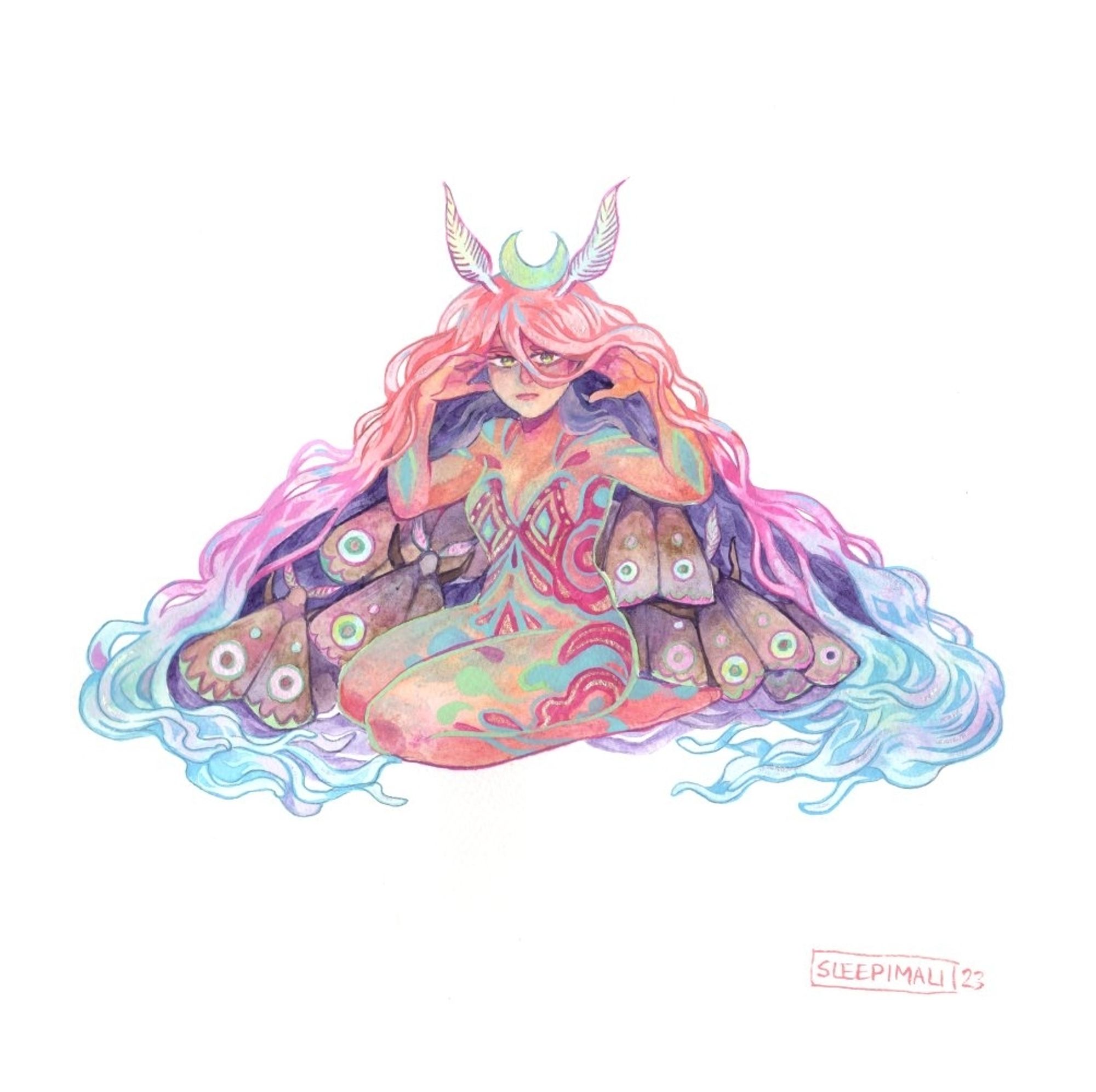 Watercolour painting of a moth woman sitting on her knees and holding up her long wavy hair to show several large moths hiding underneath. Her shifts colours from pink into light blue and her body is covered in whimsical hot pink, blue and abstract patterns. She has a pair of soft moth antennae and a light green coloured half-moon on her head