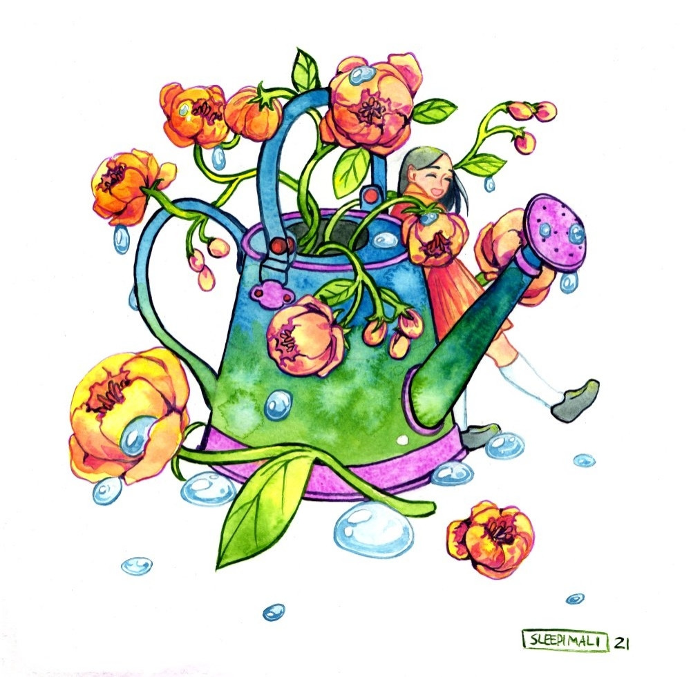 Watercolour painting of a person leaning against a colourful green, blue and purple watering can filled with flowers and surrounded by water droplets.