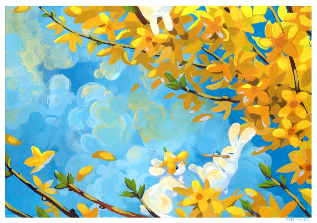 Gouache painting of three white bunnies hanging out on bright yellow forsythia flower branches against a vibrantly blue and clouded sky. One bunny, wearing a forsythia flower hat is facing another bunny merrily playing the flute at the bottom of the painting.  The third bunny is at the top and only its butt and little legs are visible.