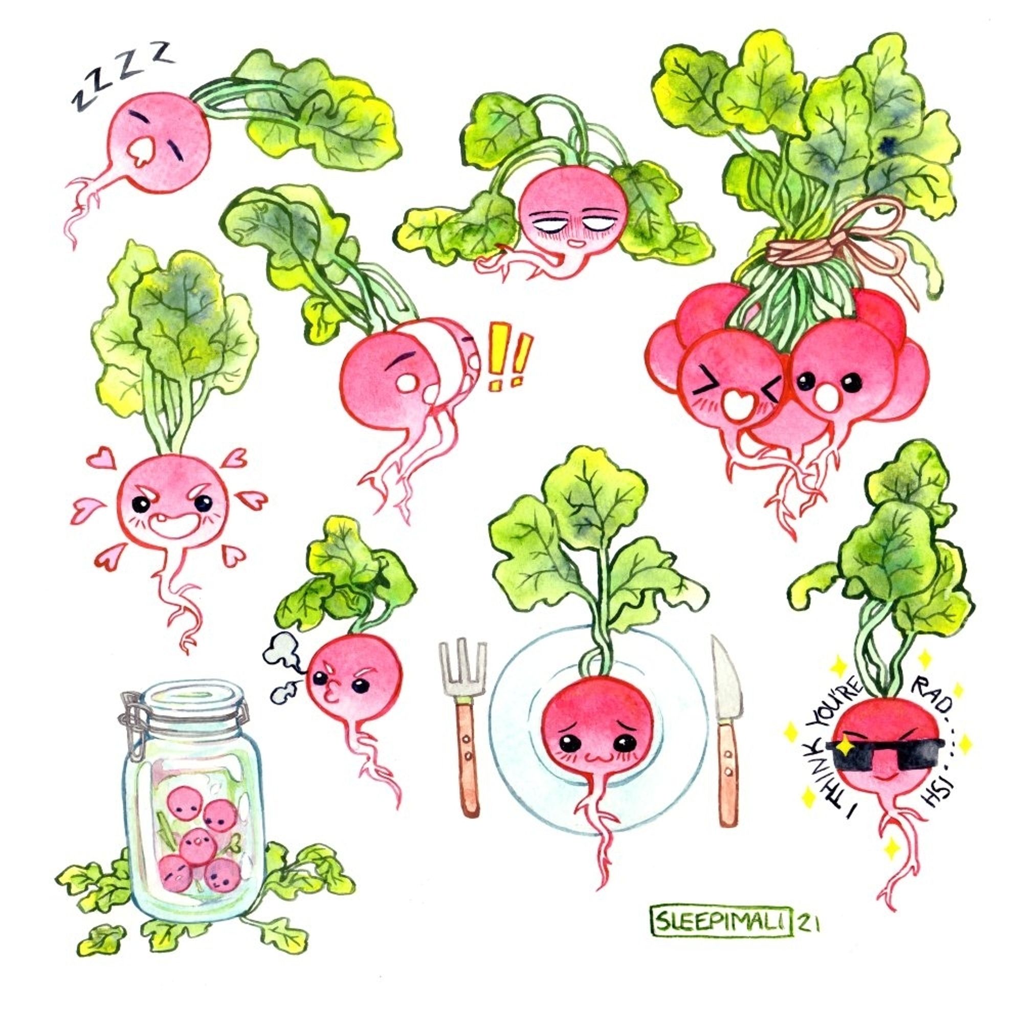 Watercolour painting of several cute radishes on a plain white background; one is sleeping, one is wilting and looks exhausted, a few are merrily tied up in a bunch, and is grinning widely and surrounded by hearts,  one is sliced and surprised,  one is grumpy, one is looking bashful on a plate with a knife and fork, one looks smug while wearing shades, with the text "I think you look rad...ish", and finally there are a few ones in a glass jar hanging out