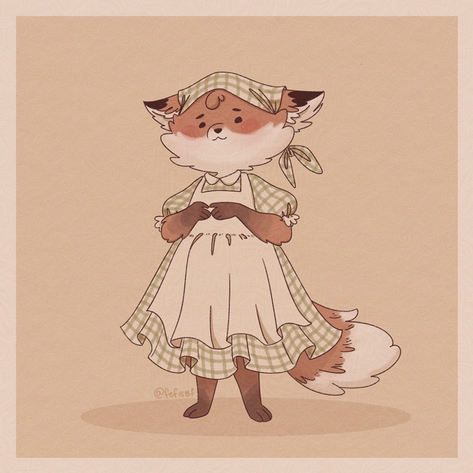 Penny, a little fox wearing a green gingham dress, green headscarf and a white apron. she's standing in an insecure pose