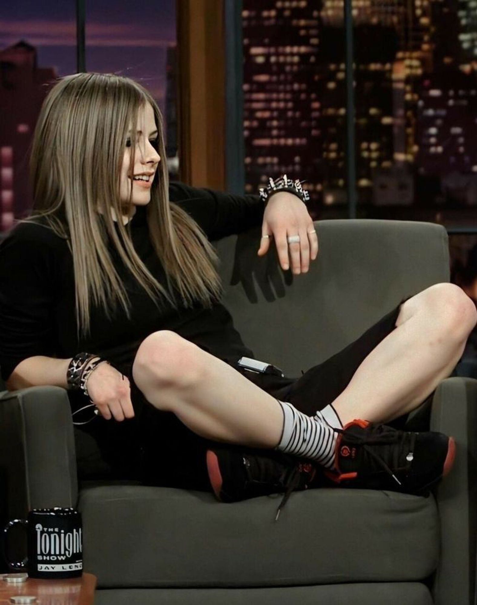 Photo of Avril Lavigne giving an Interview on the tonight show with Jay Leno.