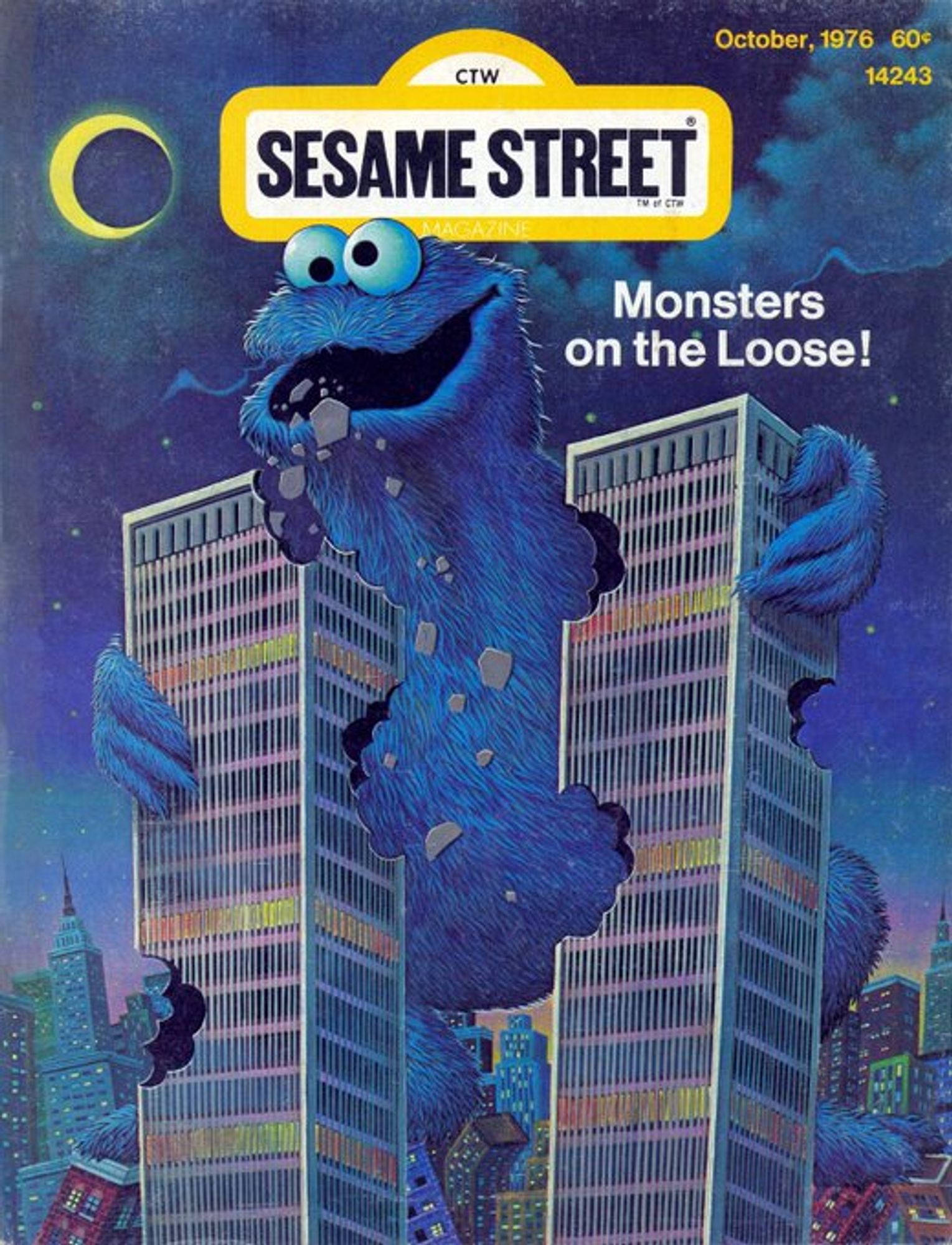 a Sesame Street book from 1976 called "Monsters on the Loose"

Cookie Monster is eating the twin towers