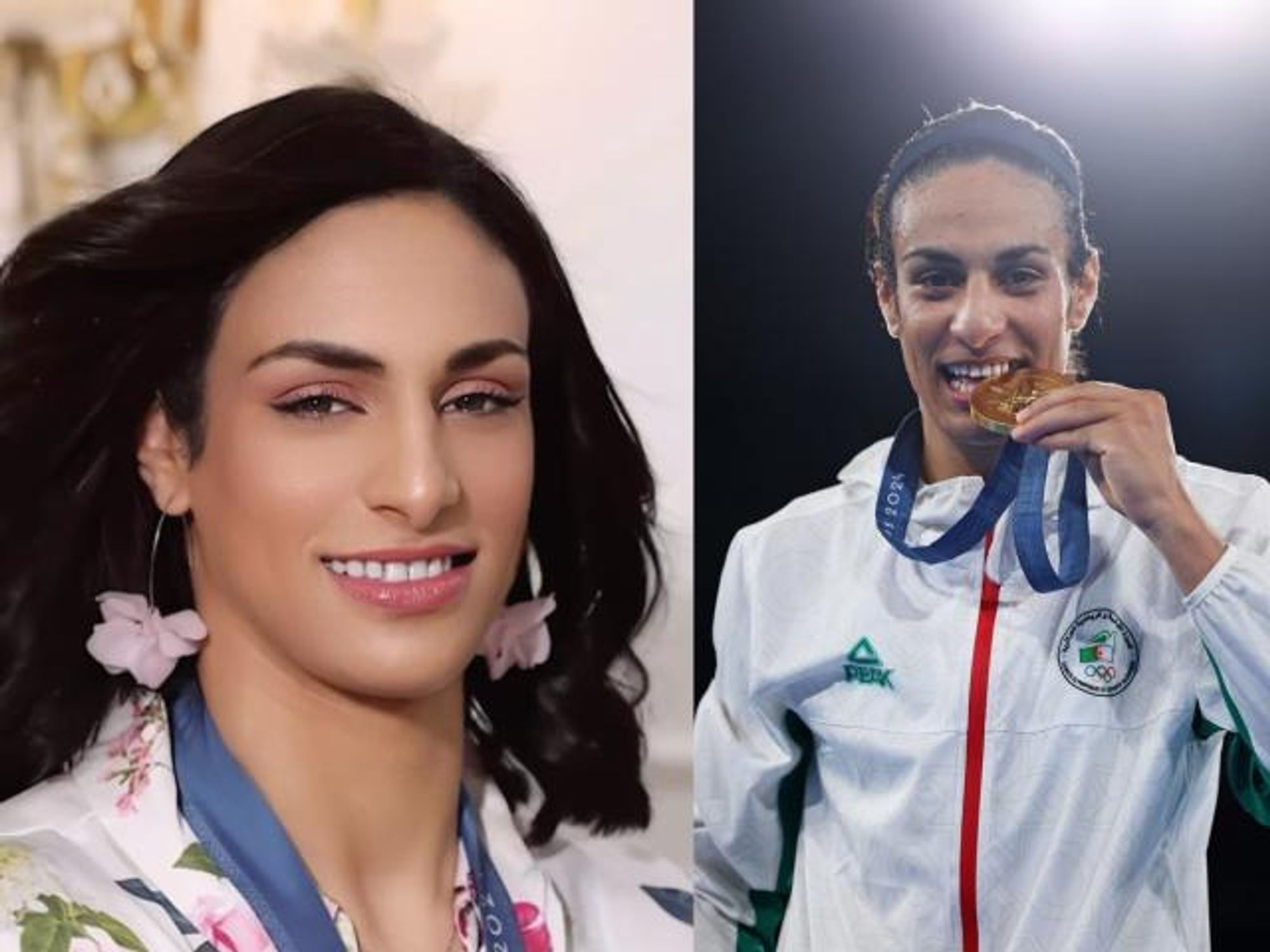 Imane Khelif very high femme on the left and more athletic/less high femme on the right, an incredible range of gender, yet clearly the same person expressing herself in both pictures