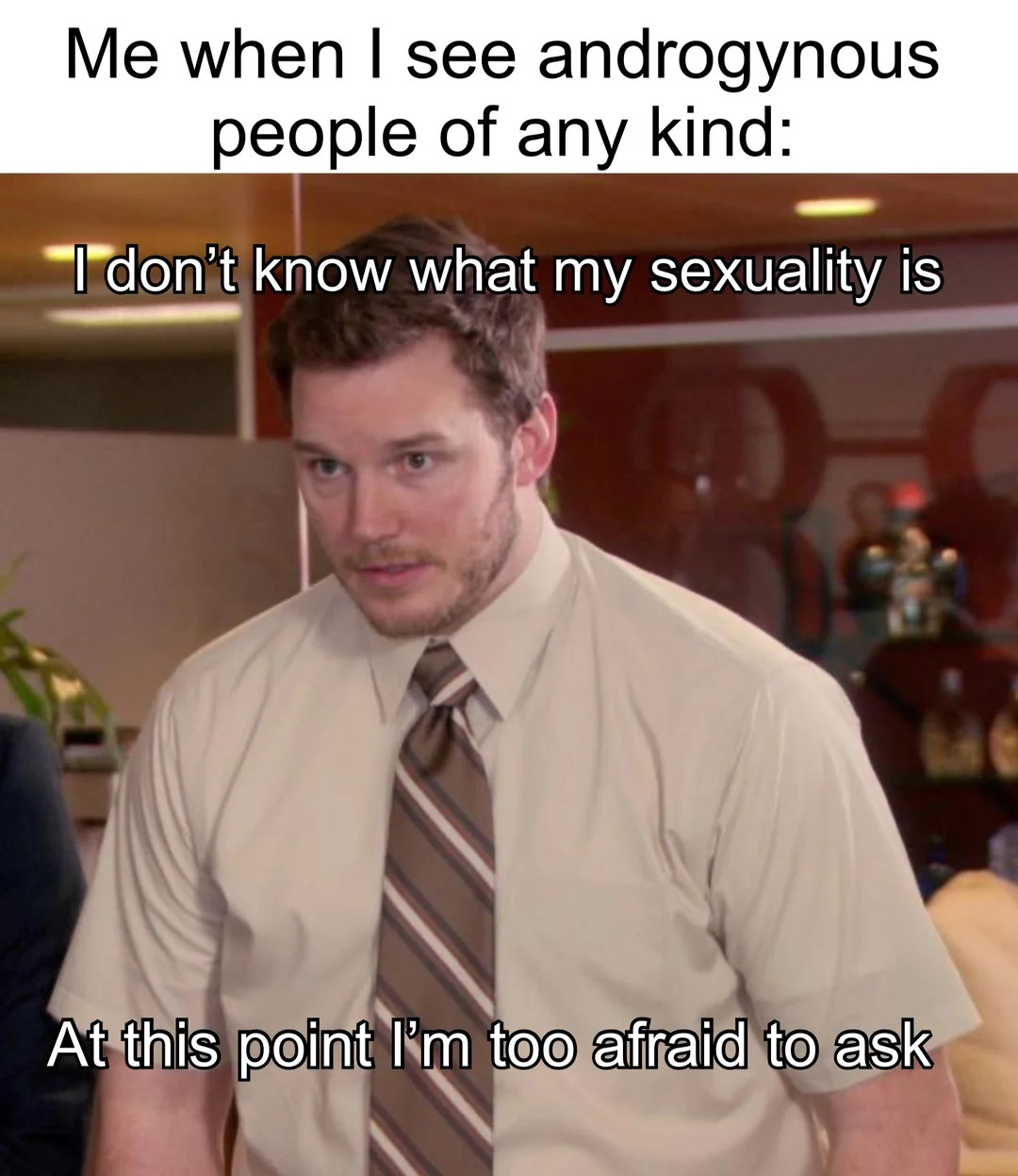 chrisp rat parks and rec meme:

"Me when I see androgynous people of any kind:"

"I don't know what my sexuality is at this point i'm too afraid to ask"