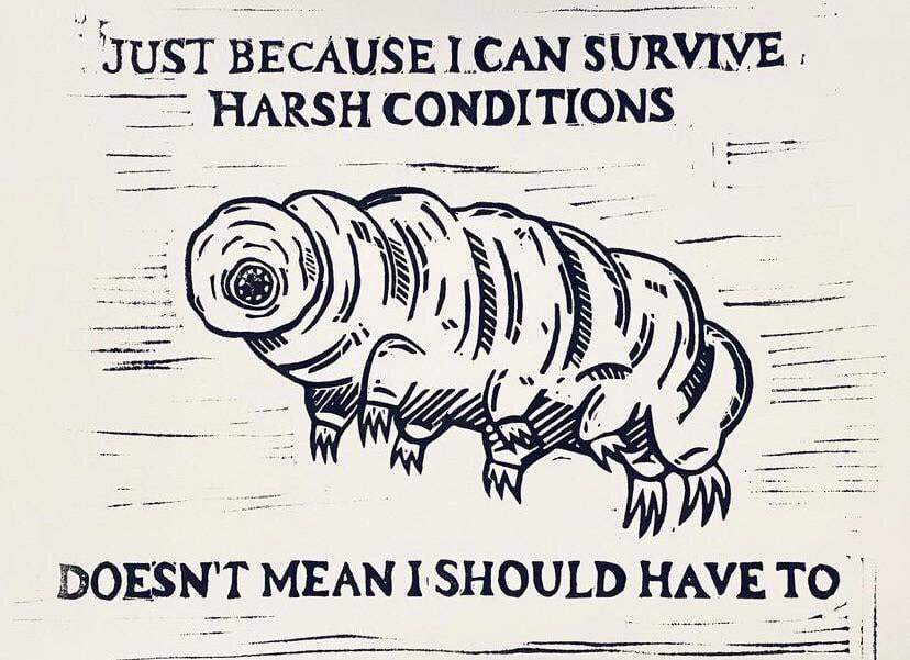 a stamp of a tardigrade labeled:

"just because I can survive harsh conditions

doesn't mean I should have to"