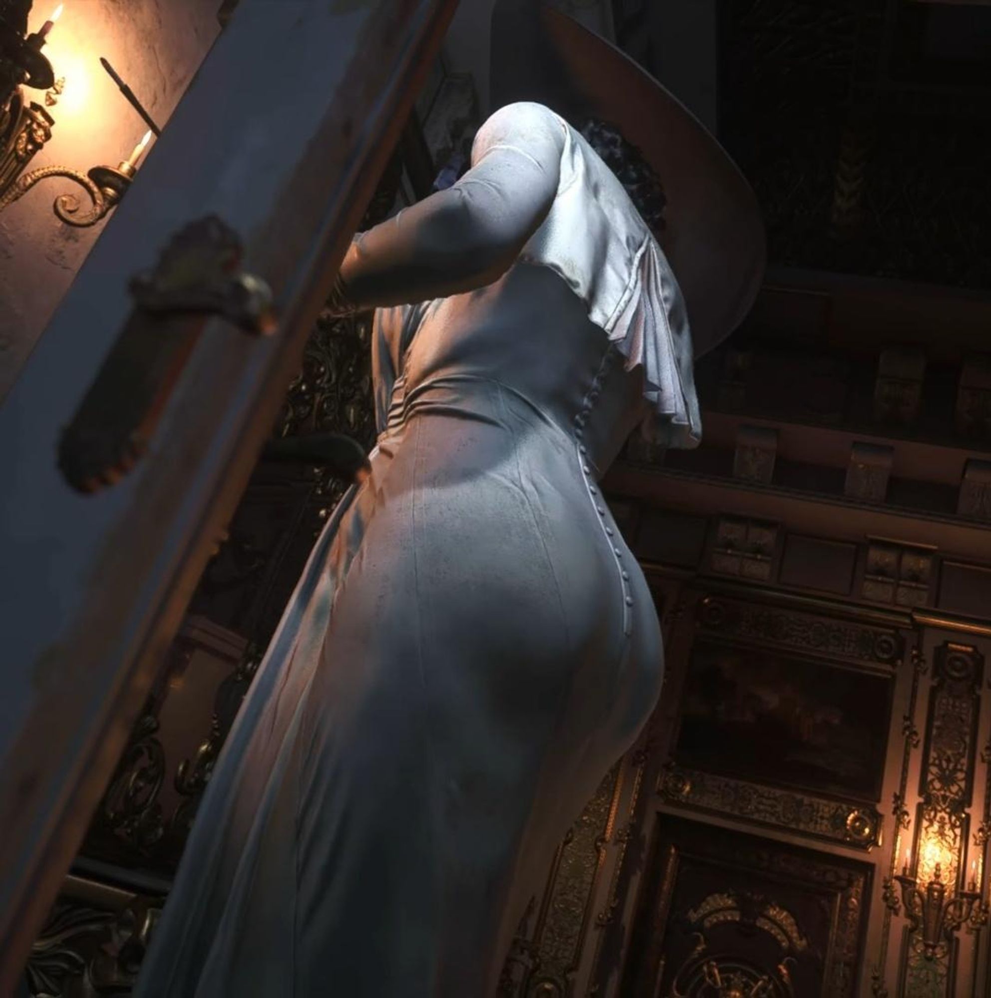 Lady Dimitrescu (from resident evil) shown from an anime camera type angle that accentuates her ample butt