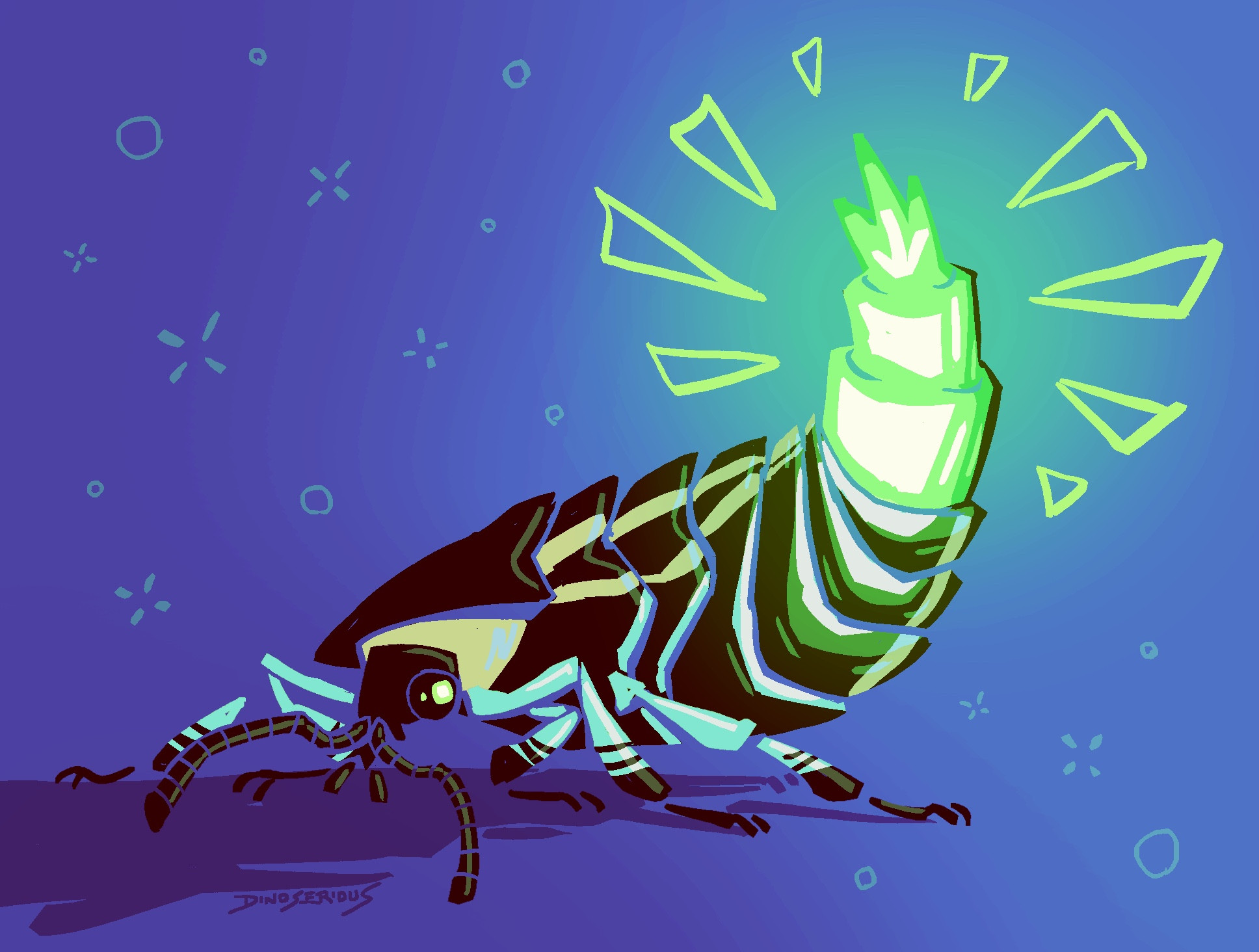 color blocked sketch of a female european glow worm holding its glowing abdomen up in the air. there are emphasis lines around the glow, and circles and lines patterning the background. the image is mostly in cool tones