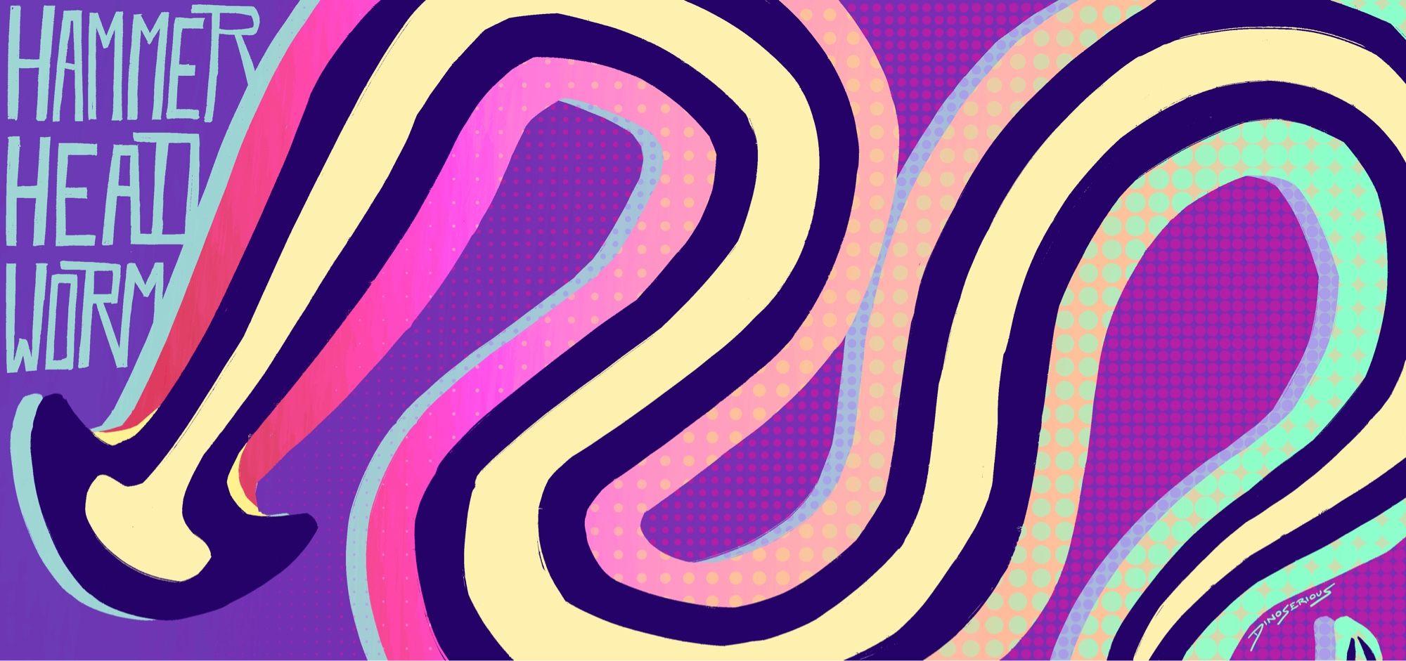 color blocked art of a hammerhead worm snaking its way across the canvas. it is colored in pinks, oranges, and purples, on a darker purple background. there is halftone patterns present, and hammer head worm is written on the left of the image in block lettering