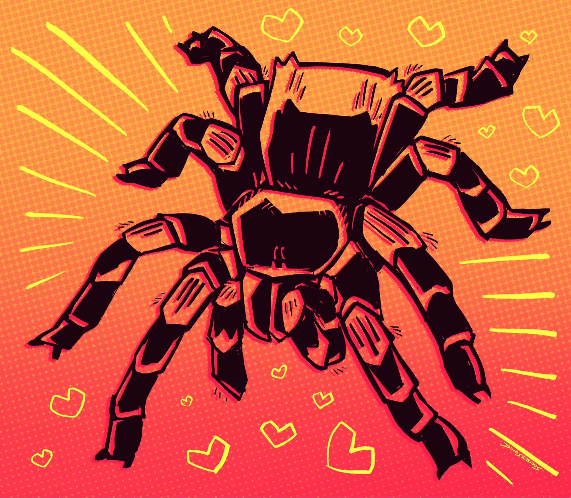 drawing of a mexican redknee tarantula in thick black lineart, the orange/red halftone gradient of the background coloring the piece. there are decorative lines and hearts around the spider in yellow