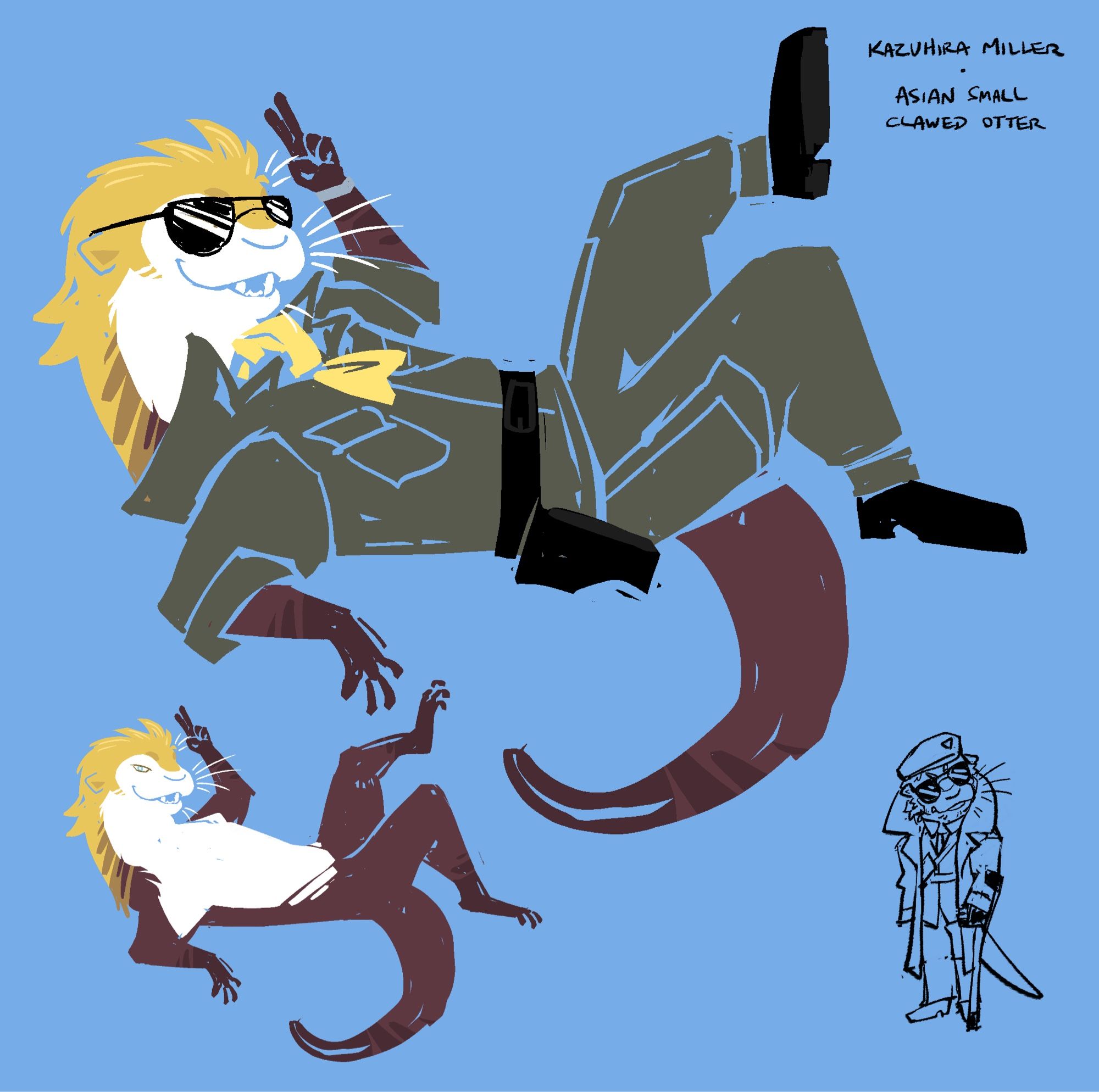 art of kazuhira miller drawn as an asian small clawed otter. he has golden fur on his head and neck, which gradients into a brown on the rest of the body. the main image is his peacewalker design, longing on his back and giving a two fingered salute. there is a smaller version of this drawing  without clothes showing off the coloration of his fur. a small drawing of his phantom pain design is in the bottom right