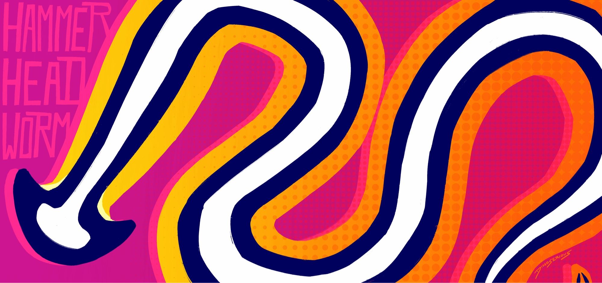 color blocked art of an orange hammerhead worm snaking its way across the canvas on a magenta background. there is halftone patterns present, and hammer head worm is written on the left of the image in block lettering