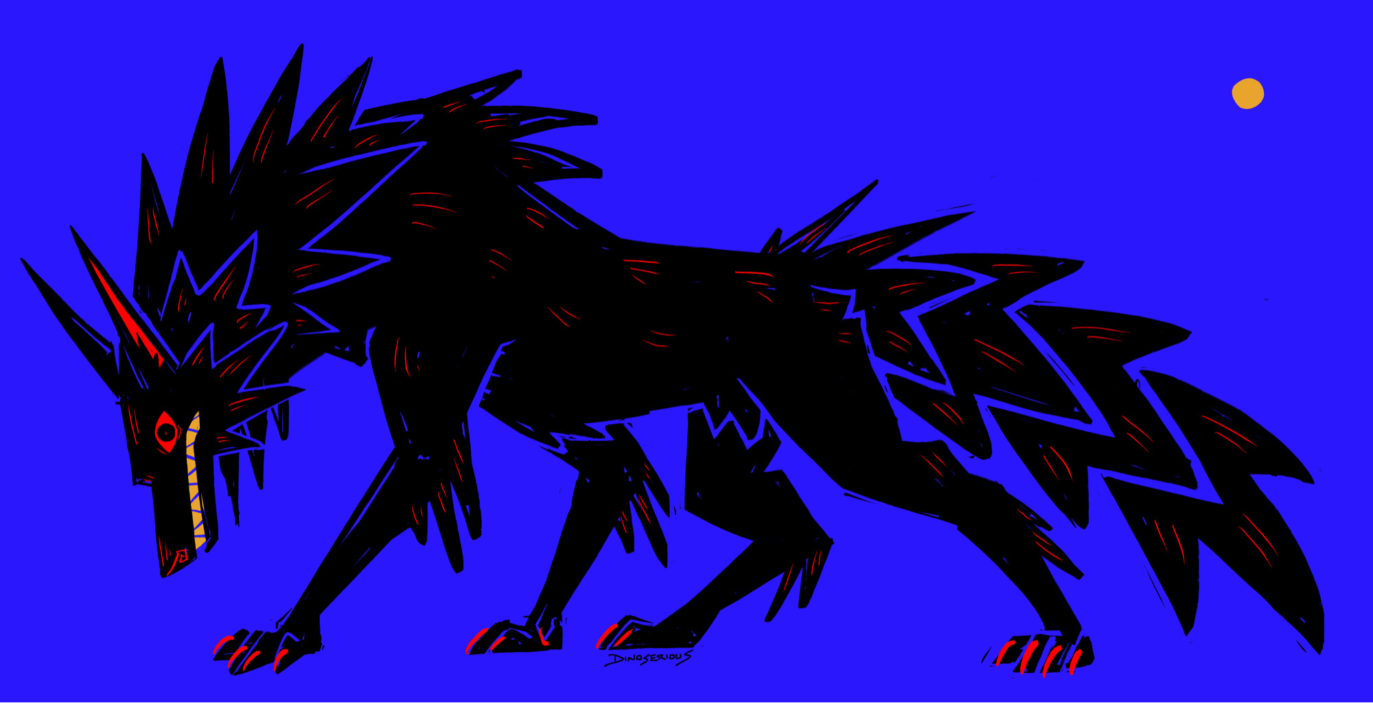 color blocked sketch of a black shaggy wolf with red eyes and gold teeth. the fur is stylized in a very geometric fashion. it is mid stride, snout pointed downwards. the claws and highlight tones in the fur are red, and the background is a bright blue